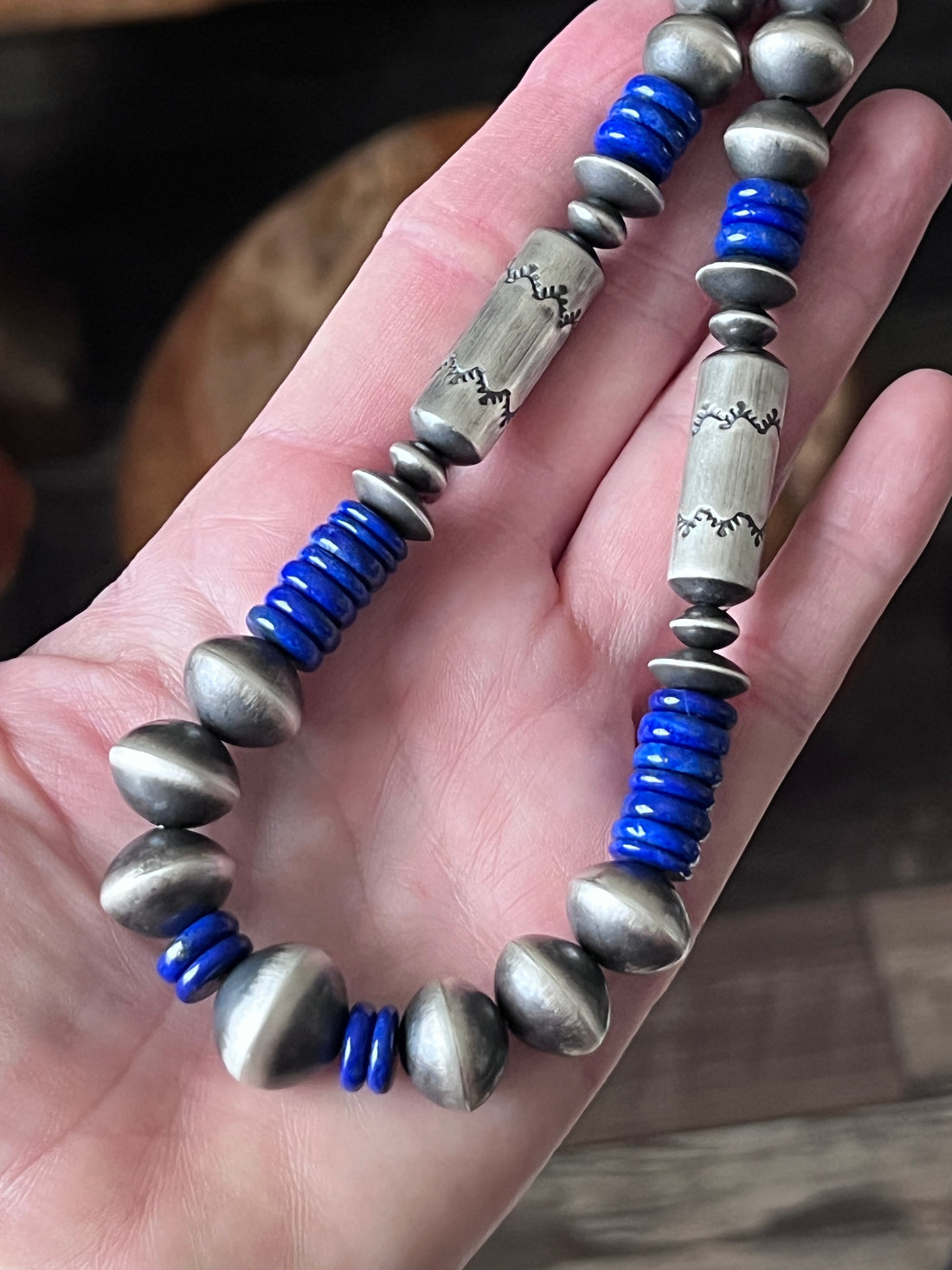Handcrafted Sterling Silver and Lapis Lazuli Single Strand Beaded Statement Necklace by Rose Martin, 16” + 2”