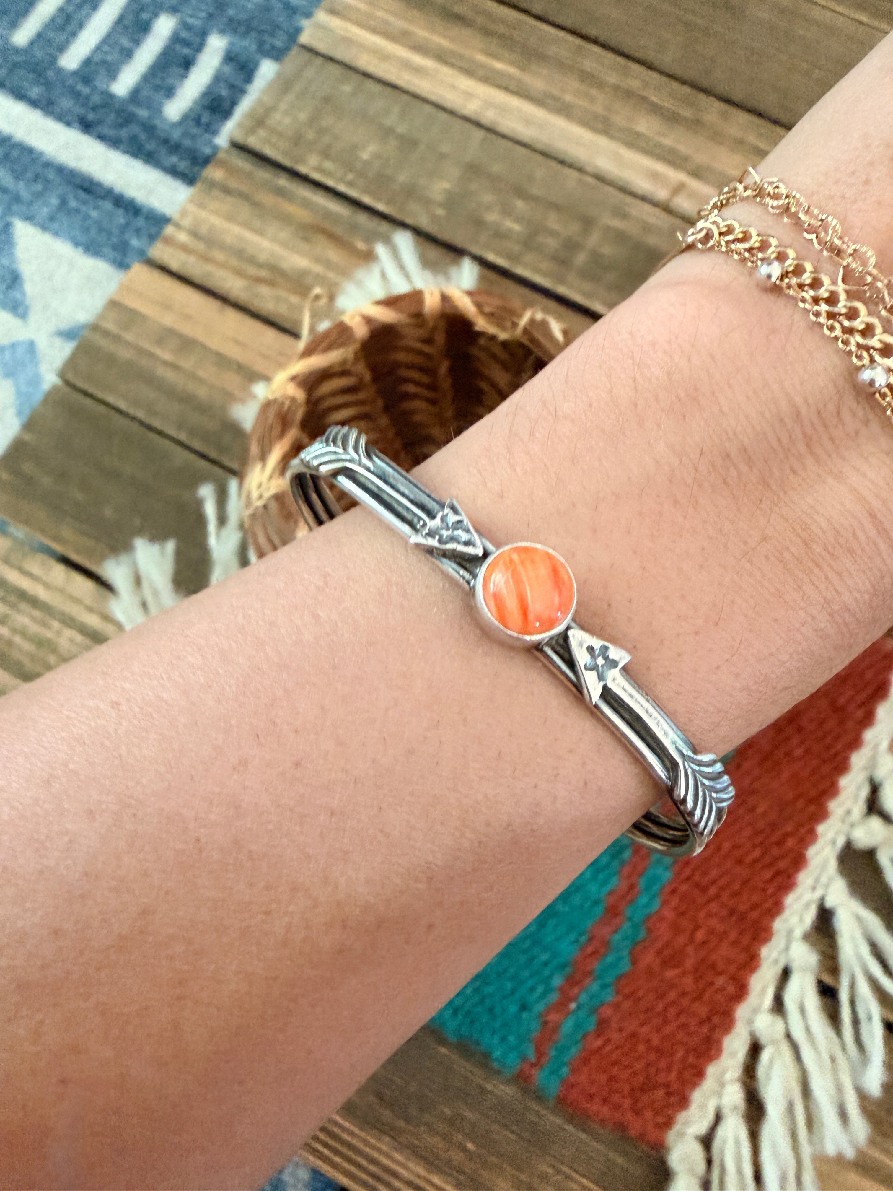 Handcrafted Sterling Silver & Orange Spiny Oyster Arrow Cuff Bracelet