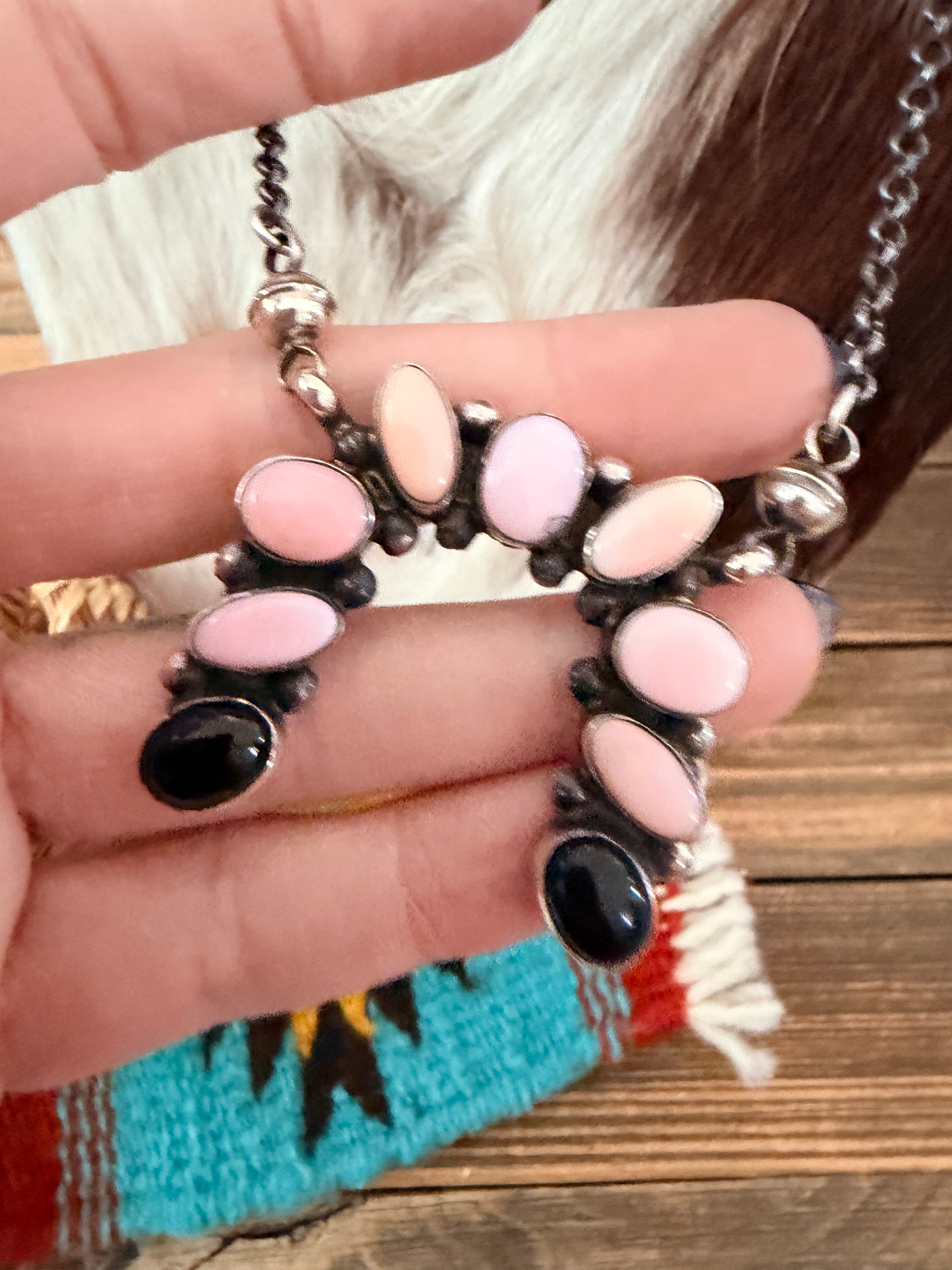 Handcrafted Queen Pink Conch, Onyx & Sterling Silver Naja Necklace by Jacqueline Silver