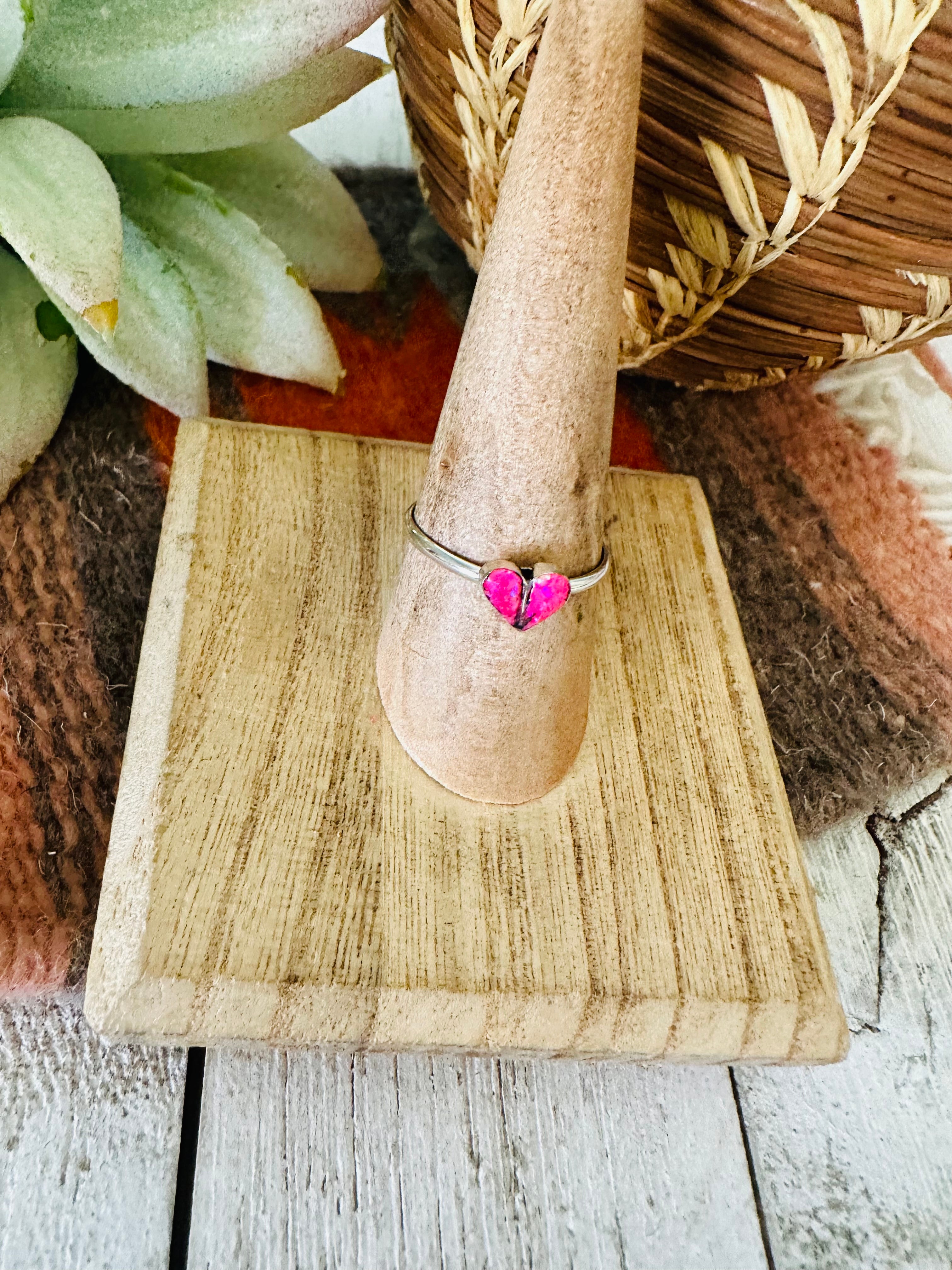 Zuni Sterling Silver & Pink Opal Inlay Heart Ring