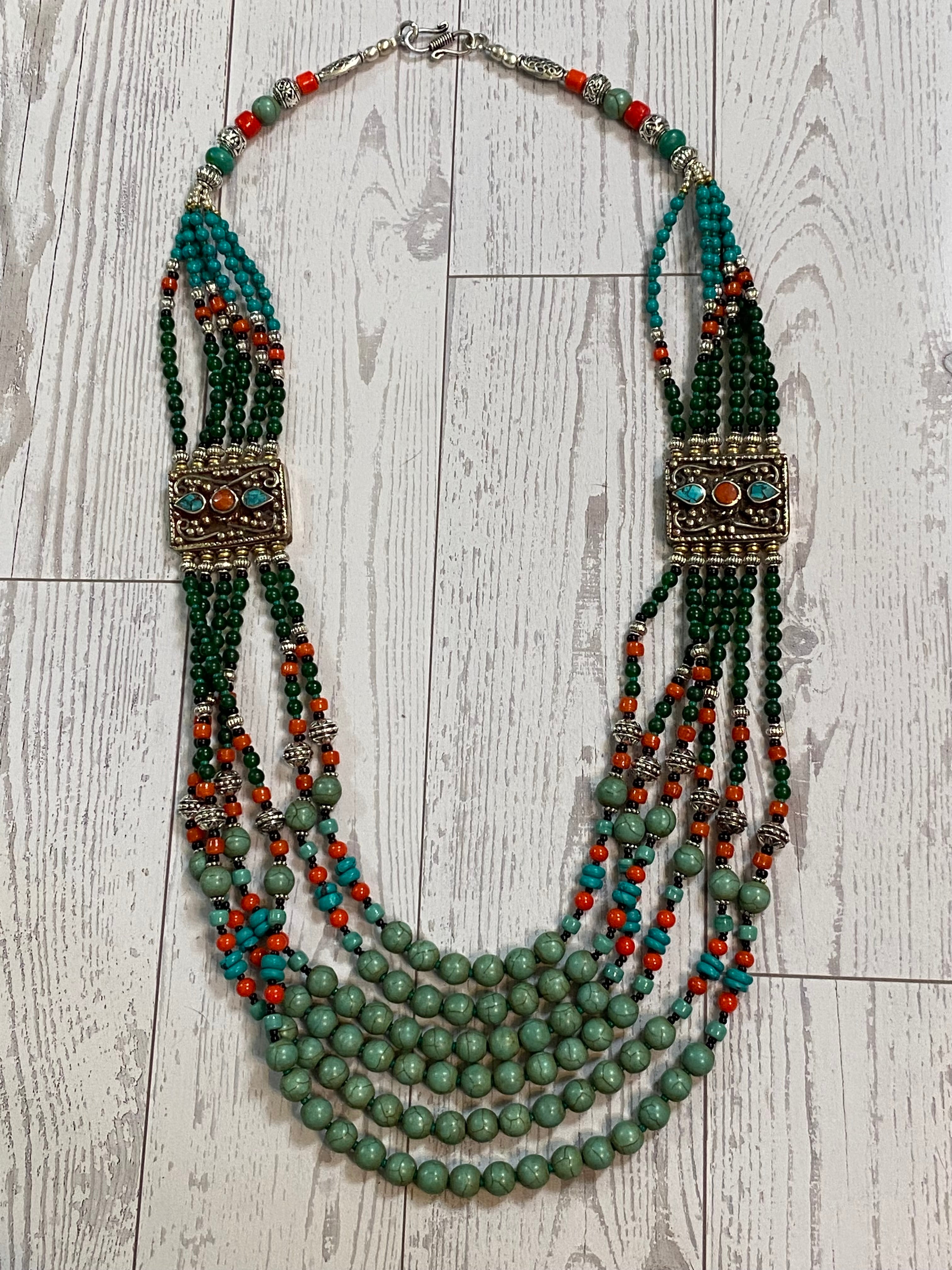 Silver Plated Tibetan Style Six Strand Turquoise & Red Coral Beaded Necklace