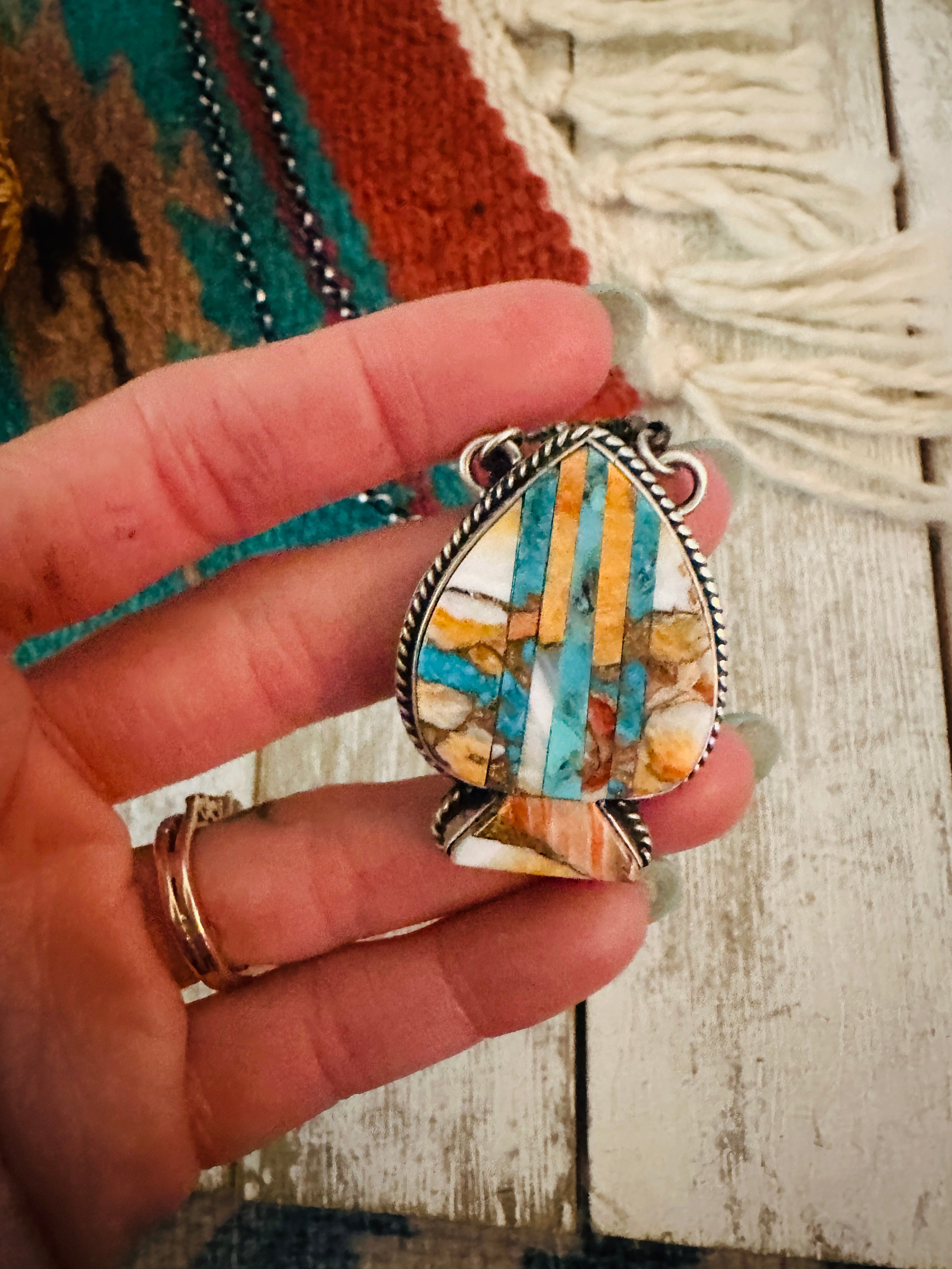 Navajo Sterling Silver & Multi Stone Inlay Spade Necklace