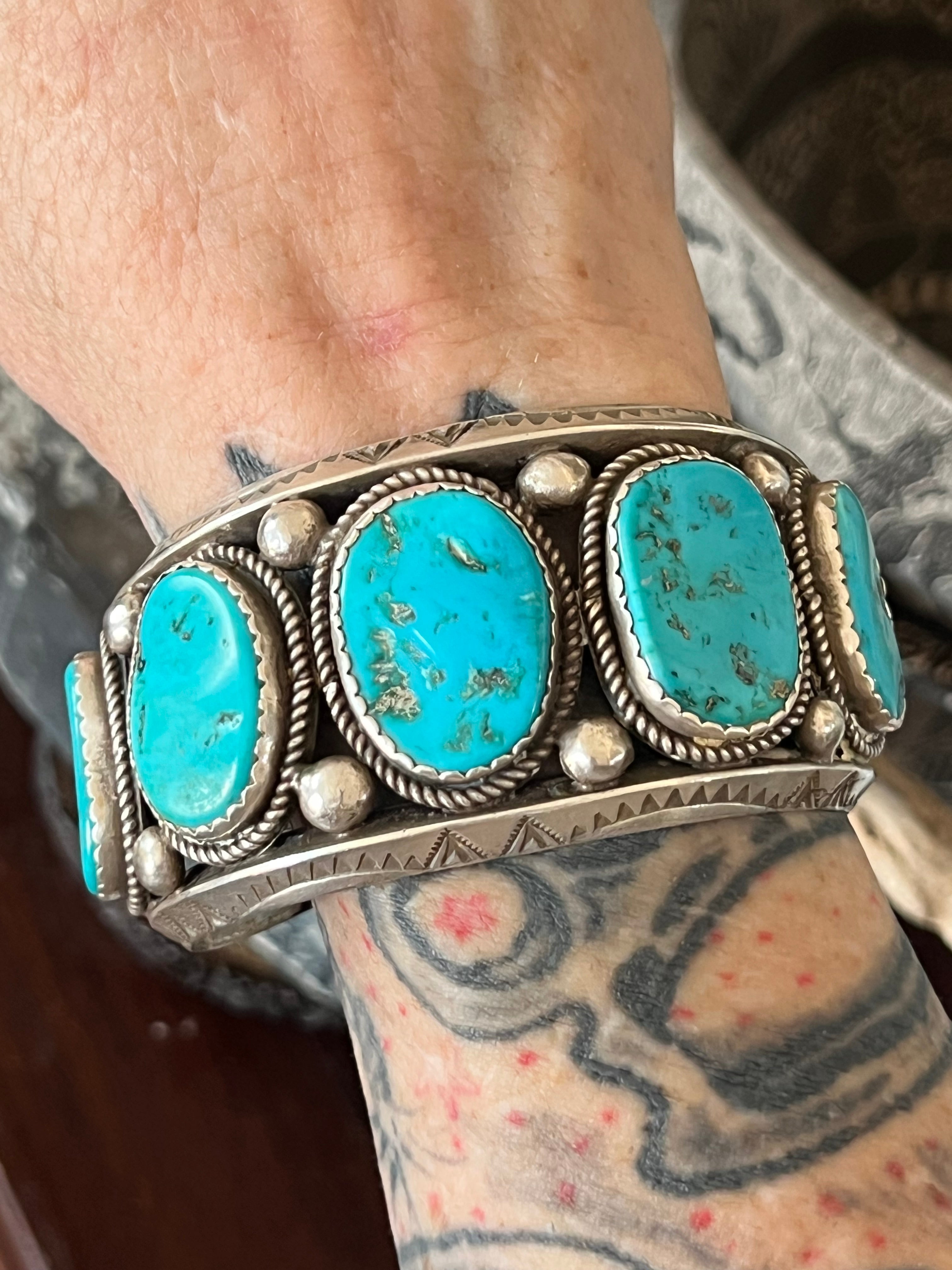 Handcrafted Old Pawn Sterling Silver and Natural Sleeping Beauty Turquoise Cuff Bracelet, Signed /