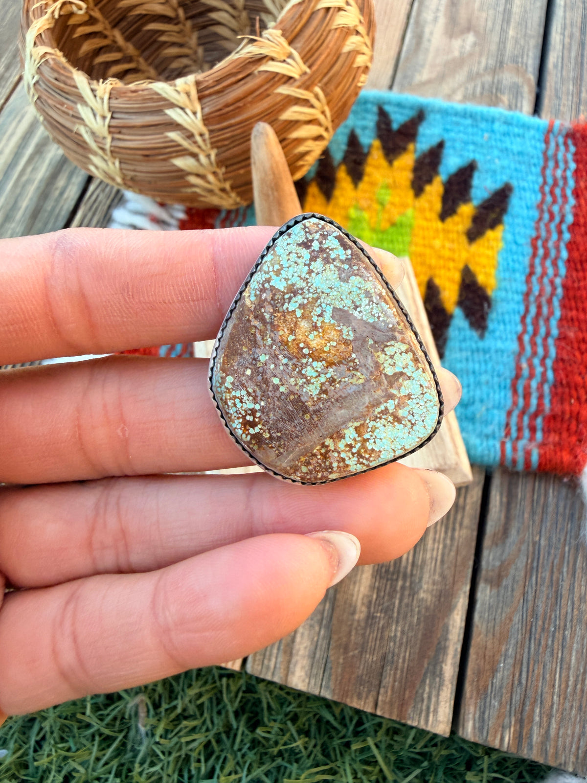 Handcrafted Number 8 Turquoise & Sterling Silver Ring Size 13 by Leslie Nez