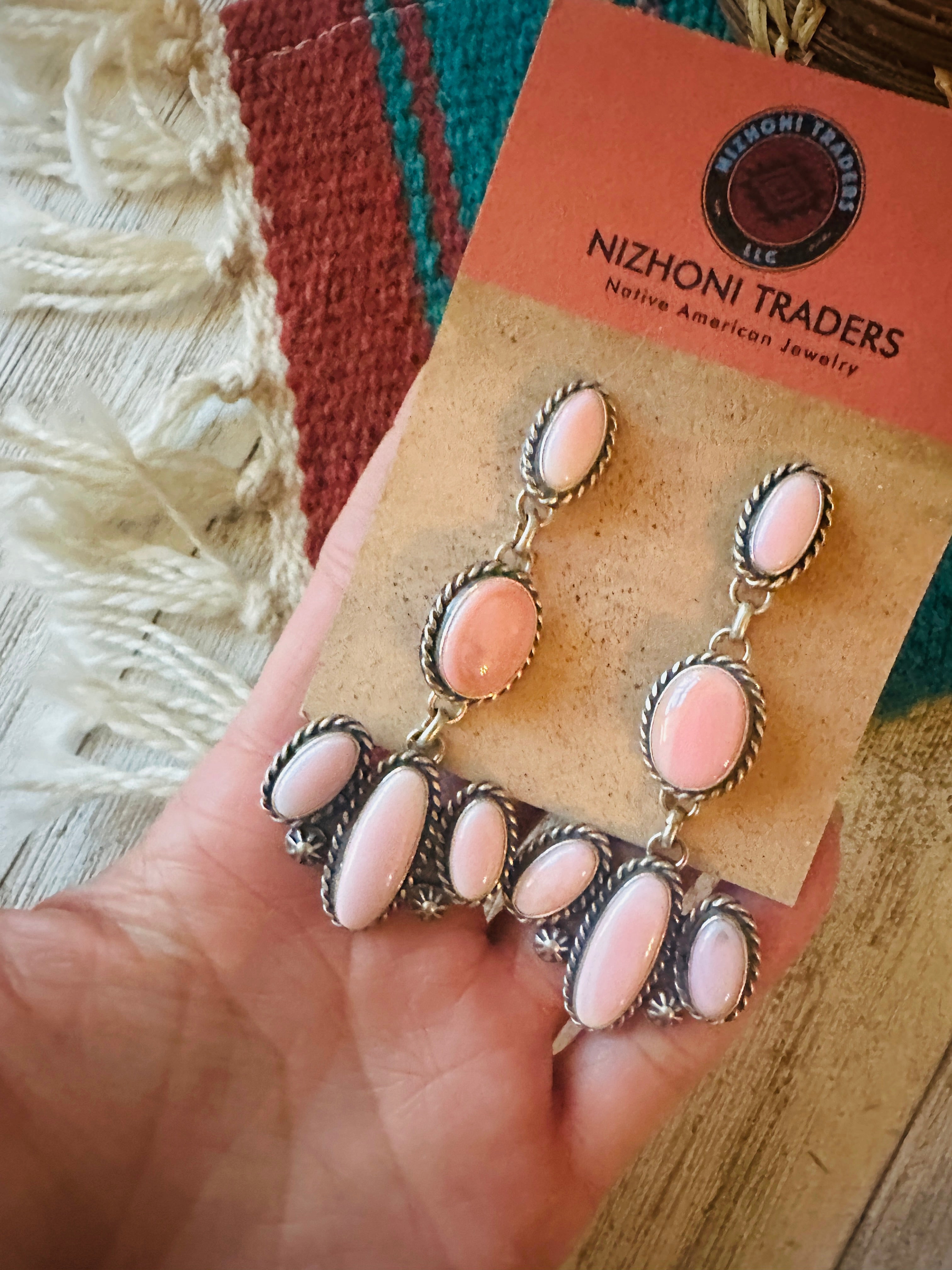 Navajo Queen Pink Conch & Sterling Silver Dangle Earrings