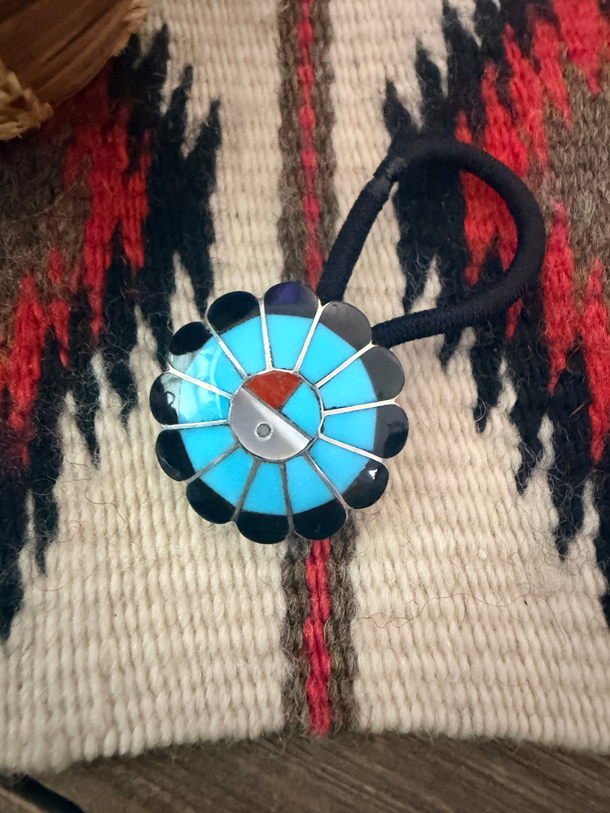 Handcrafted Multi Stone & Sterling Silver Inlay Sun Face Hair Tie Charm
