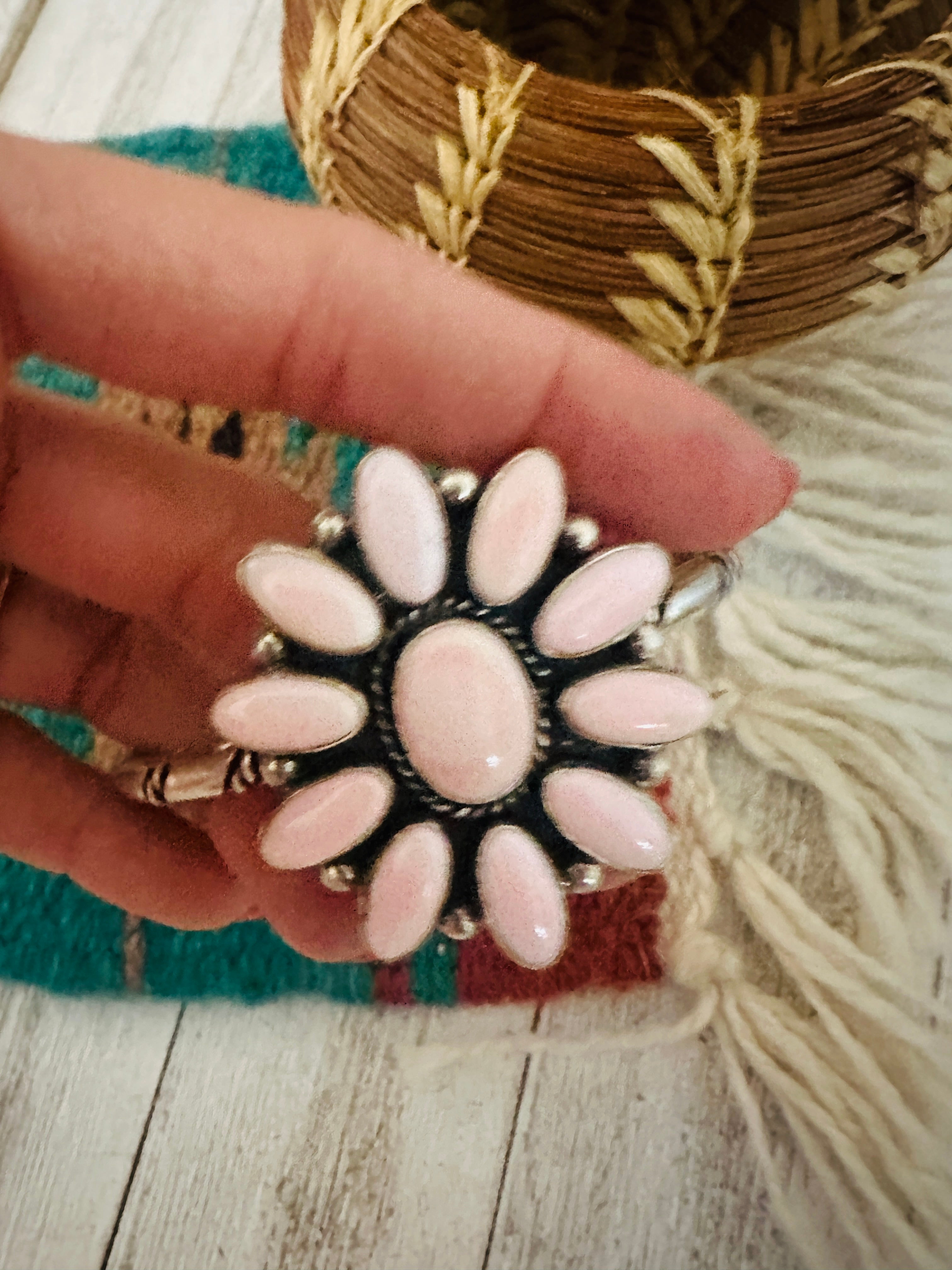 Navajo Queen Pink Conch Shell & Sterling Silver Cluster Cuff Bracelet