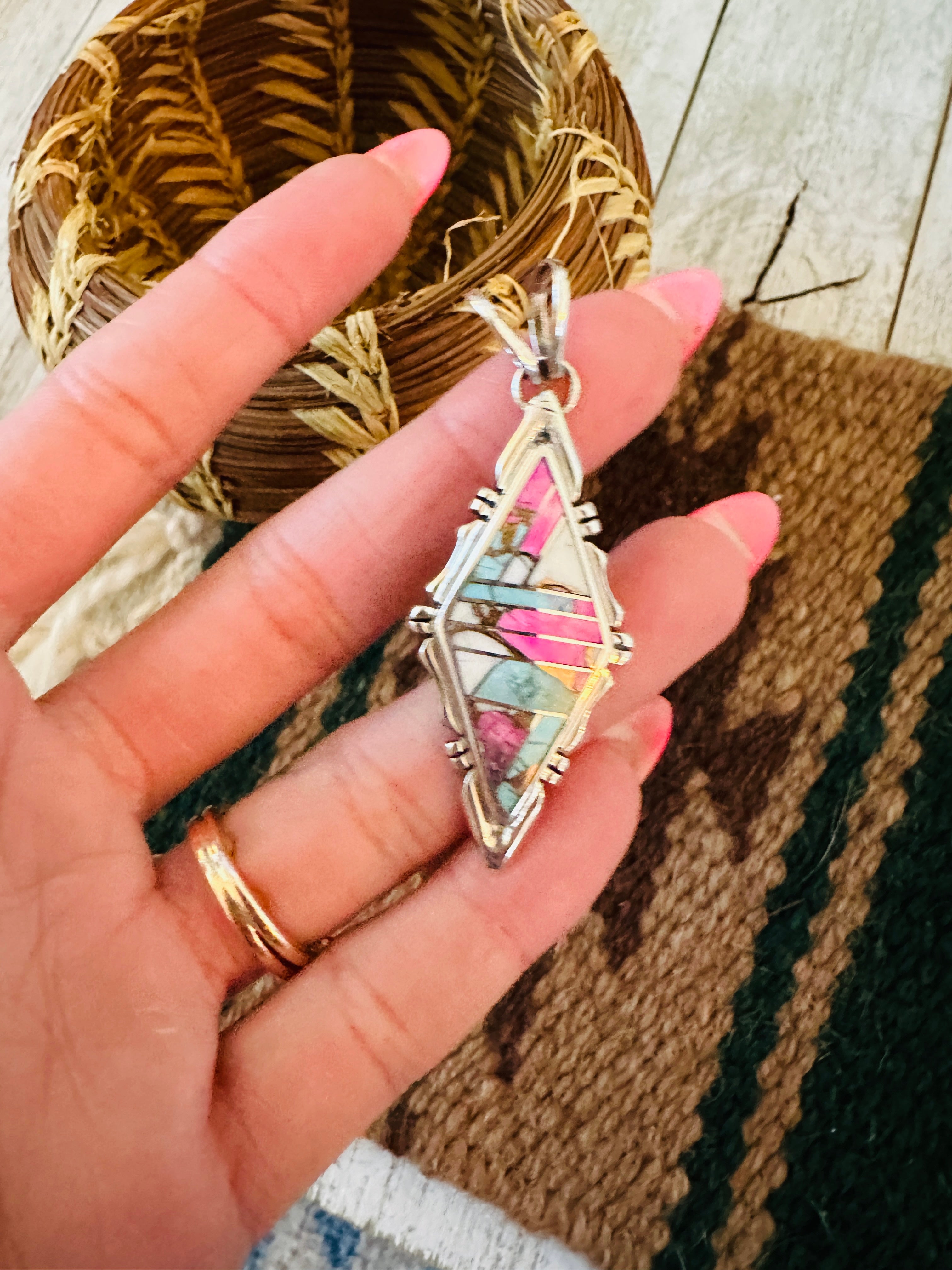 Handcrafted Cotton Candy & Sterling Silver Inlay Pendant