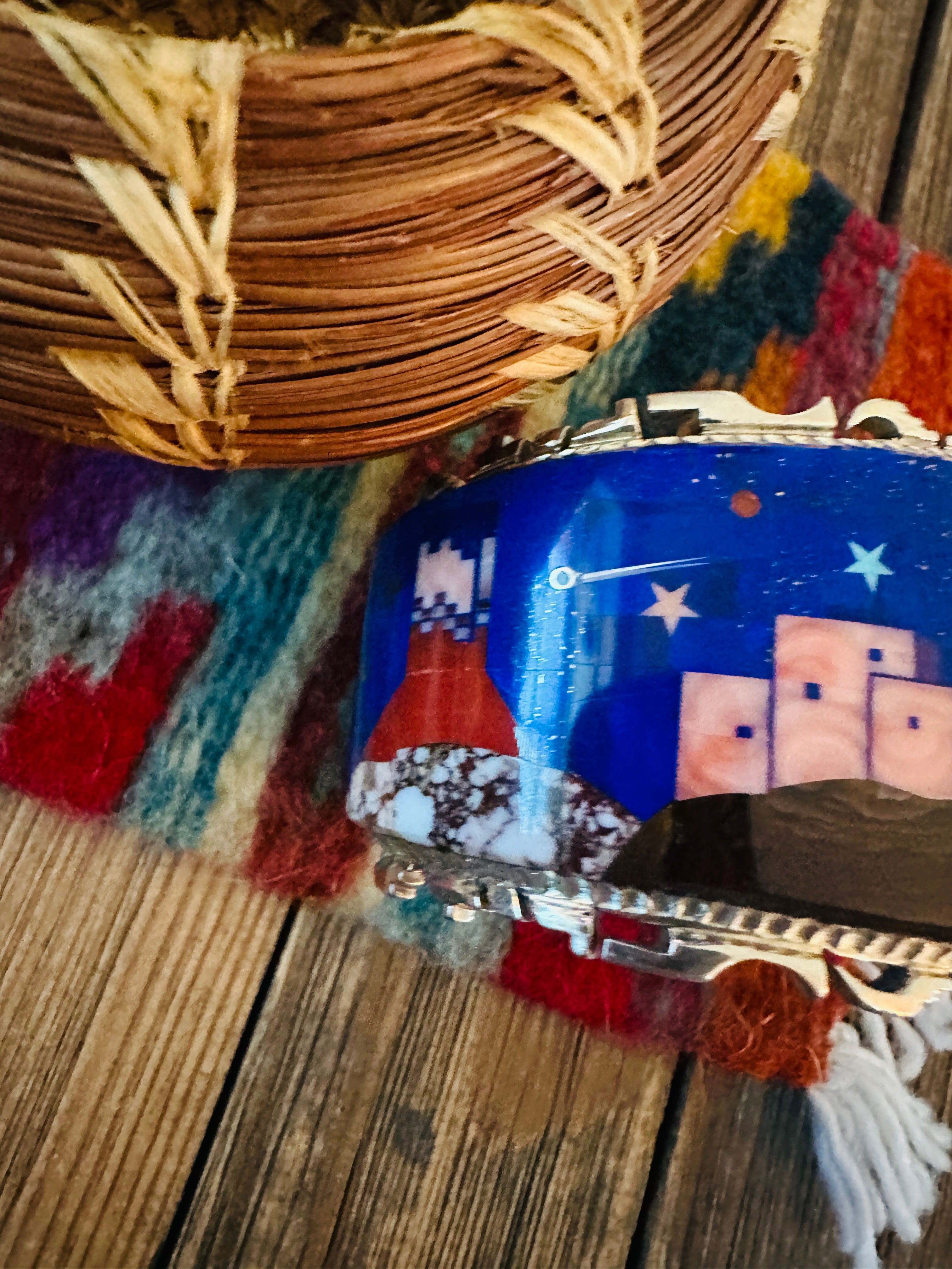 Handcrafted Sterling Silver & Multi Stone Inlay Pueblo Village Cuff Bracelet by Alvin Yellowhorse