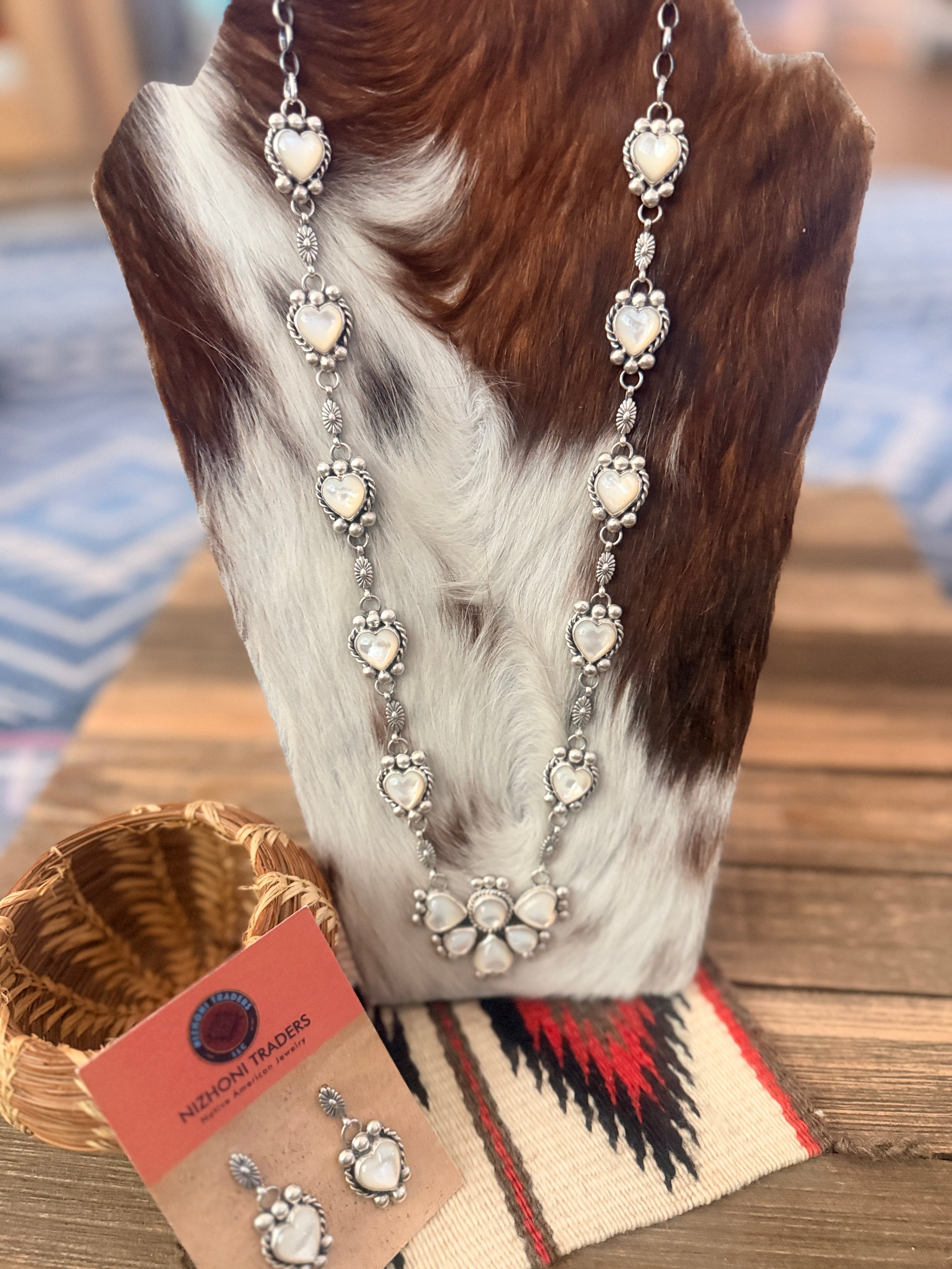 Handcrafted Mother of Pearl & Sterling Silver Cluster Necklace and Earring Set by Fred Francis