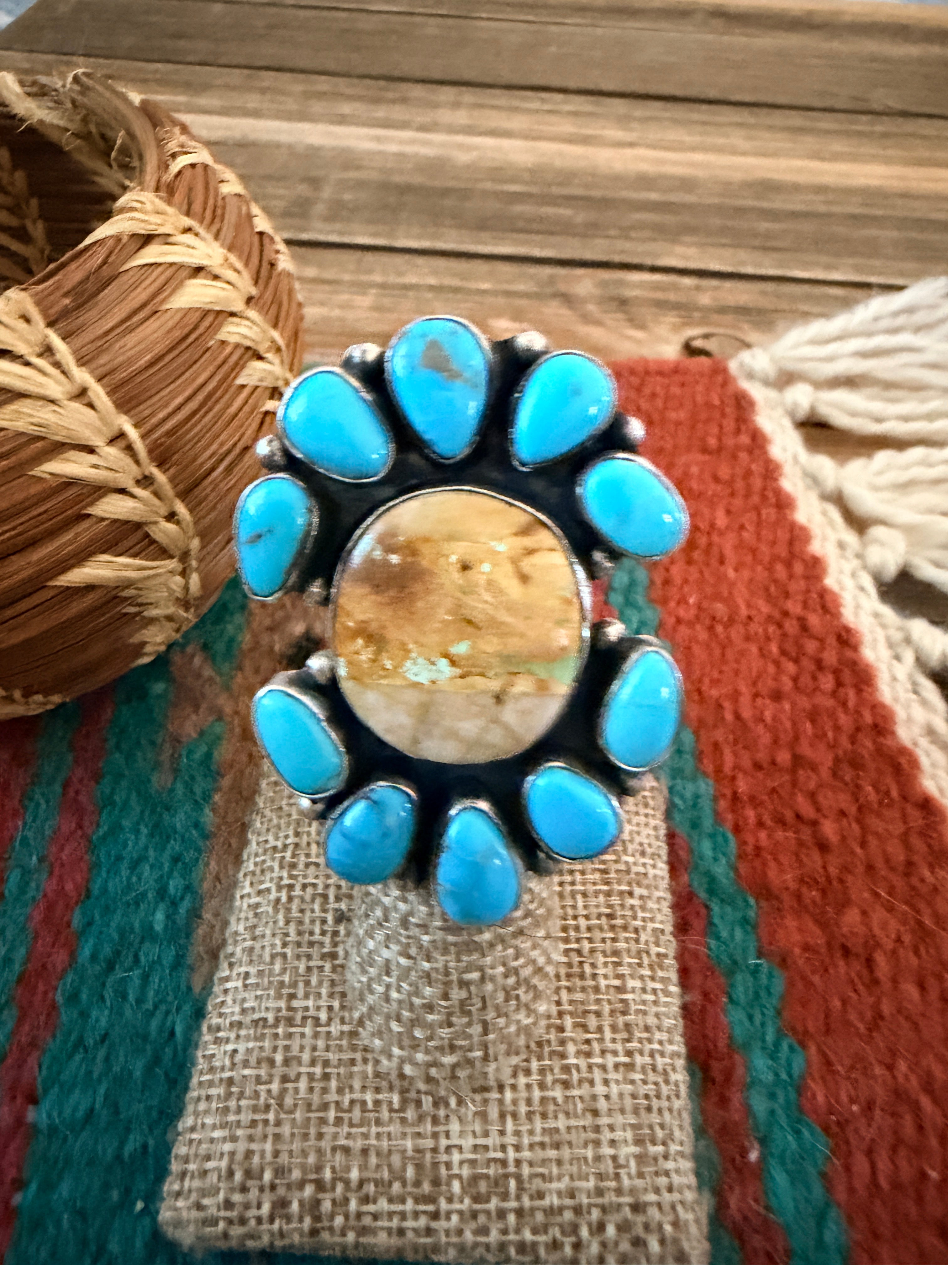 Handcrafted Multi Turquoise & Sterling Silver Ring Size 4.25 by Ella Peter
