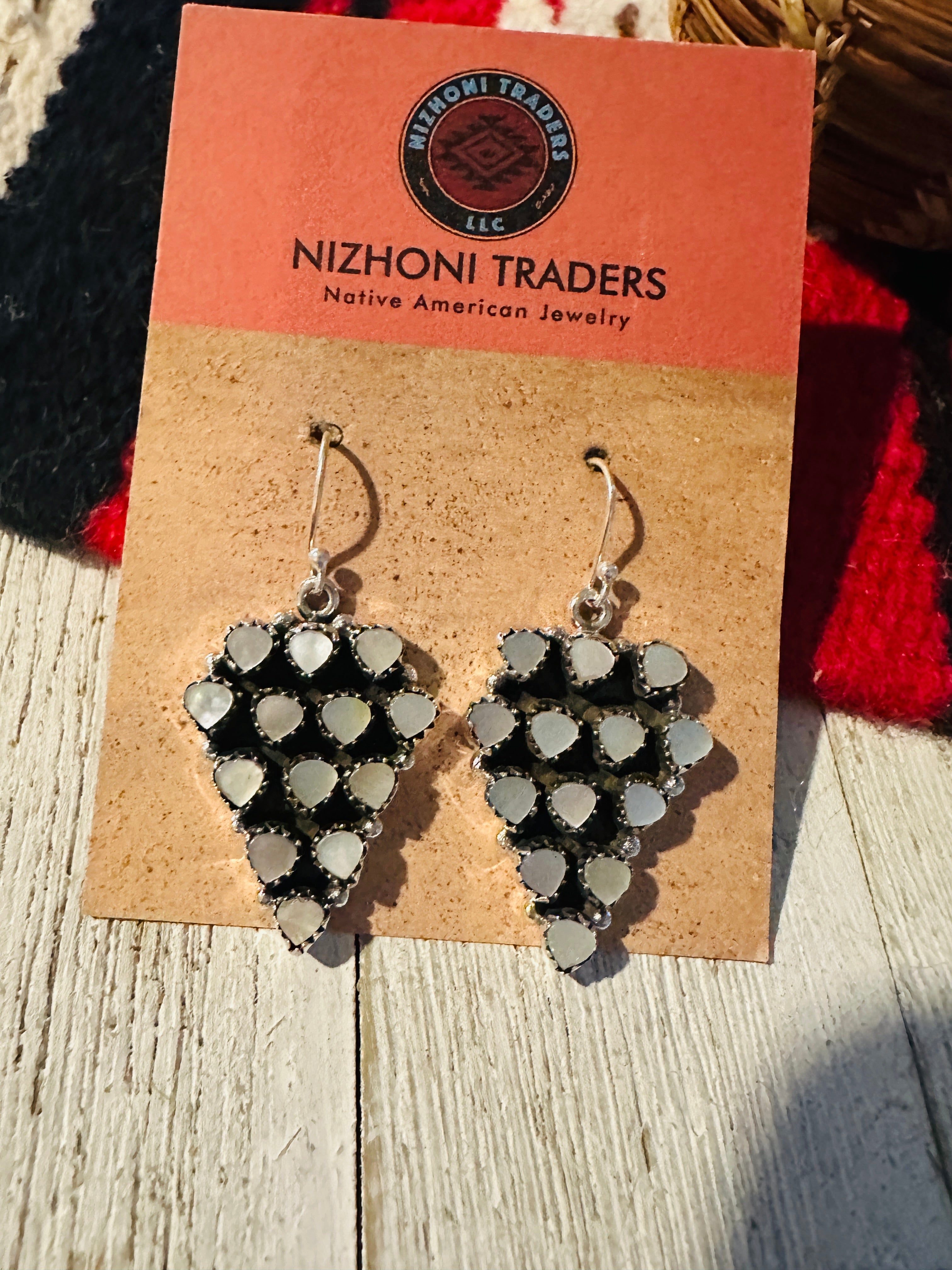 Handmade Mother of Pearl & Sterling Silver Dangle Earrings Signed Nizhoni