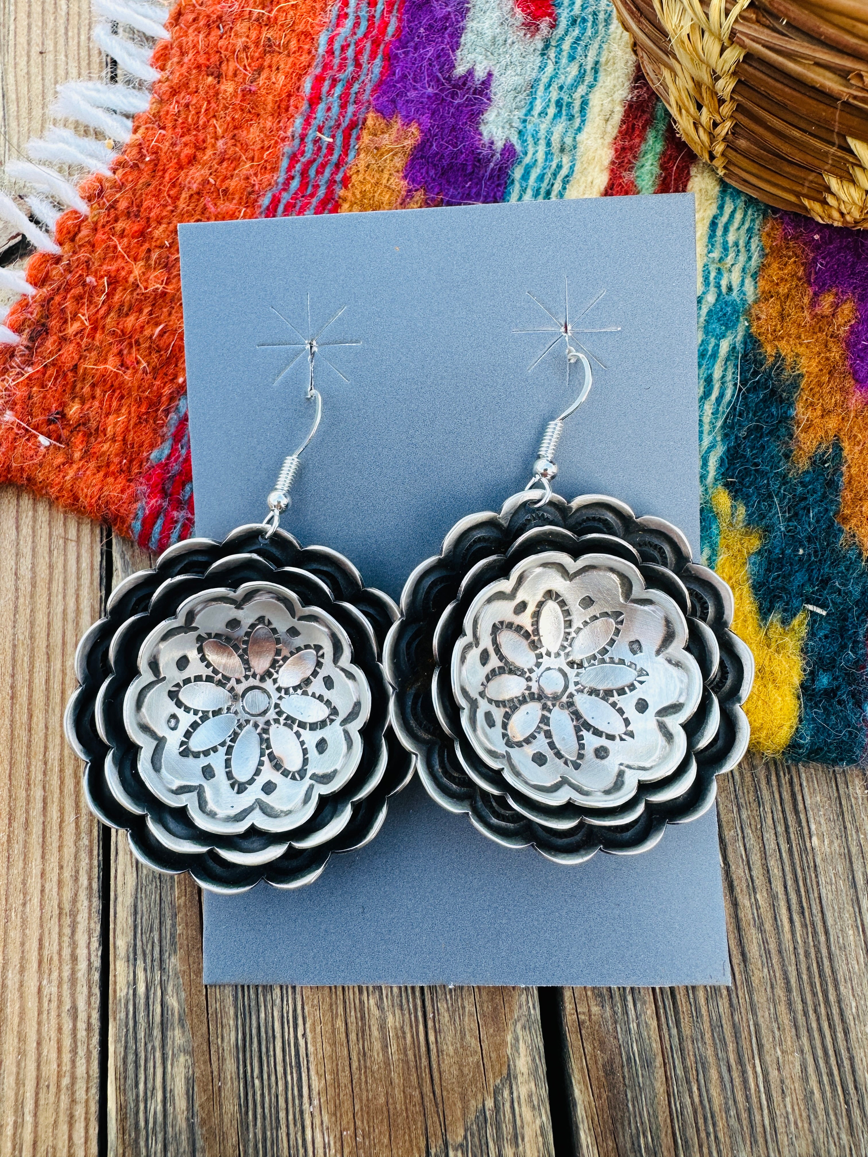 Handcrafted Sterling Silver Concho Dangle Earrings by Leander Tahe