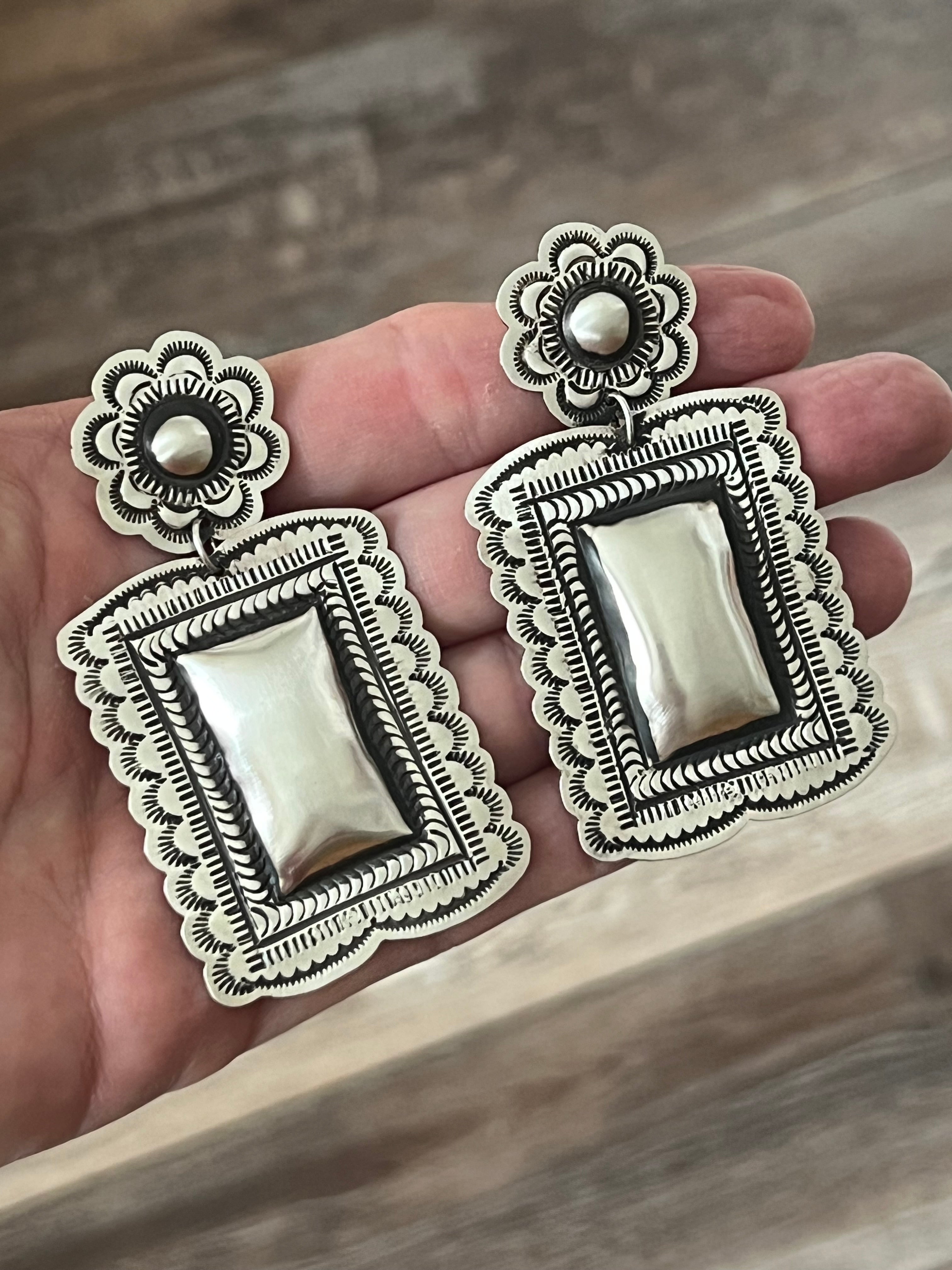 Handcrafted Sterling Silver Stamped Repousse Rectangle Earrings by Leander Tahe, R2