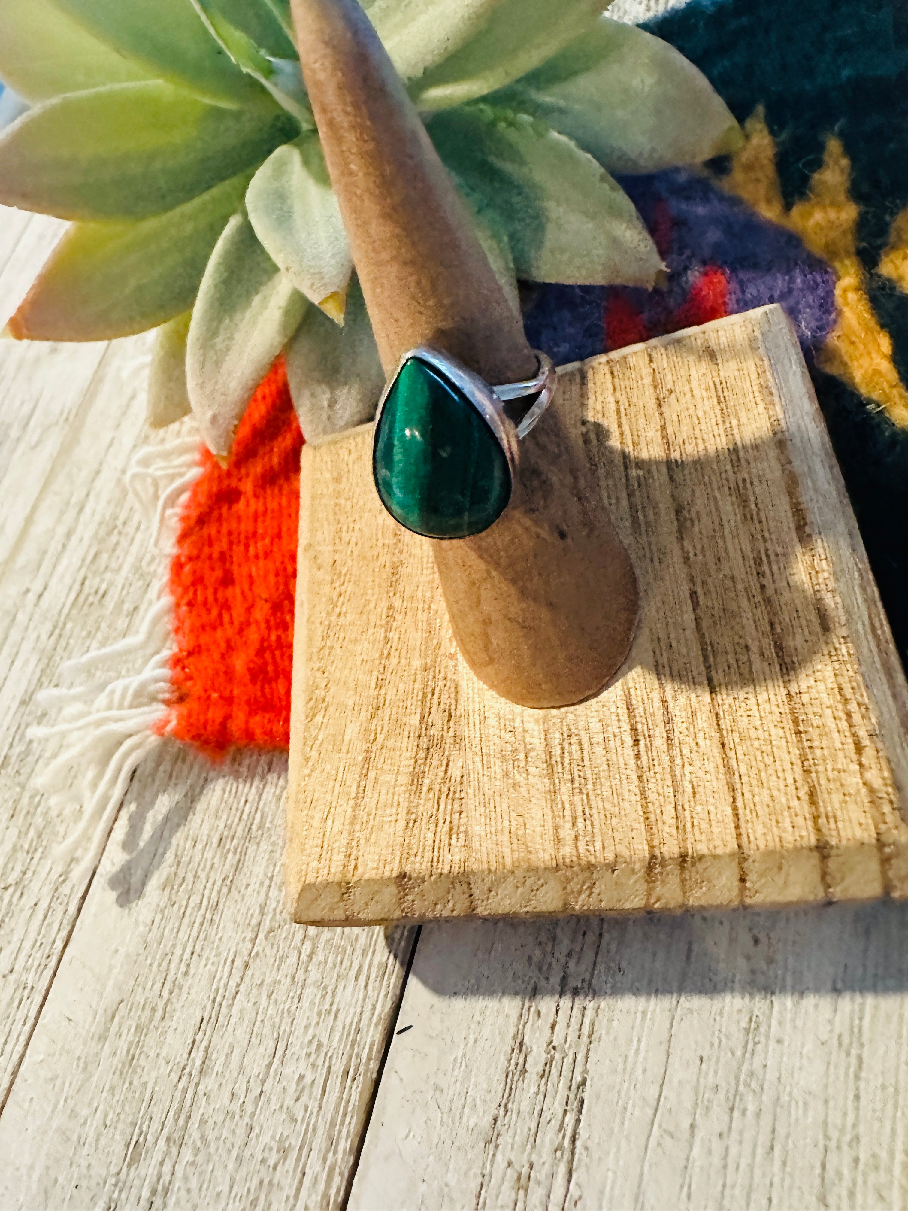 Navajo Malachite & Sterling Silver Teardrop Ring