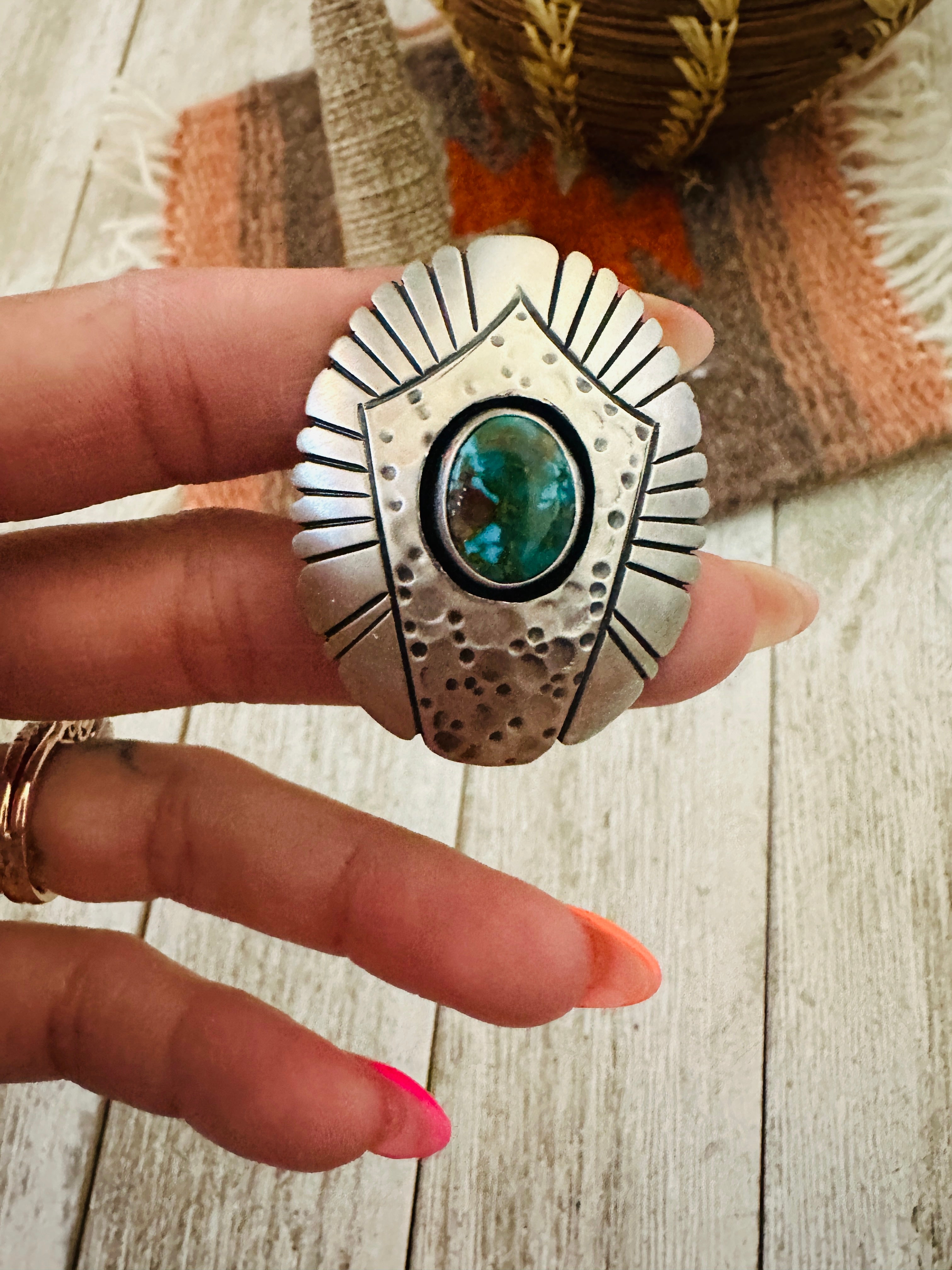 Handcrafted Hand Stamped Sterling Silver & Sonoran Mountain Turquoise Ring Size 8