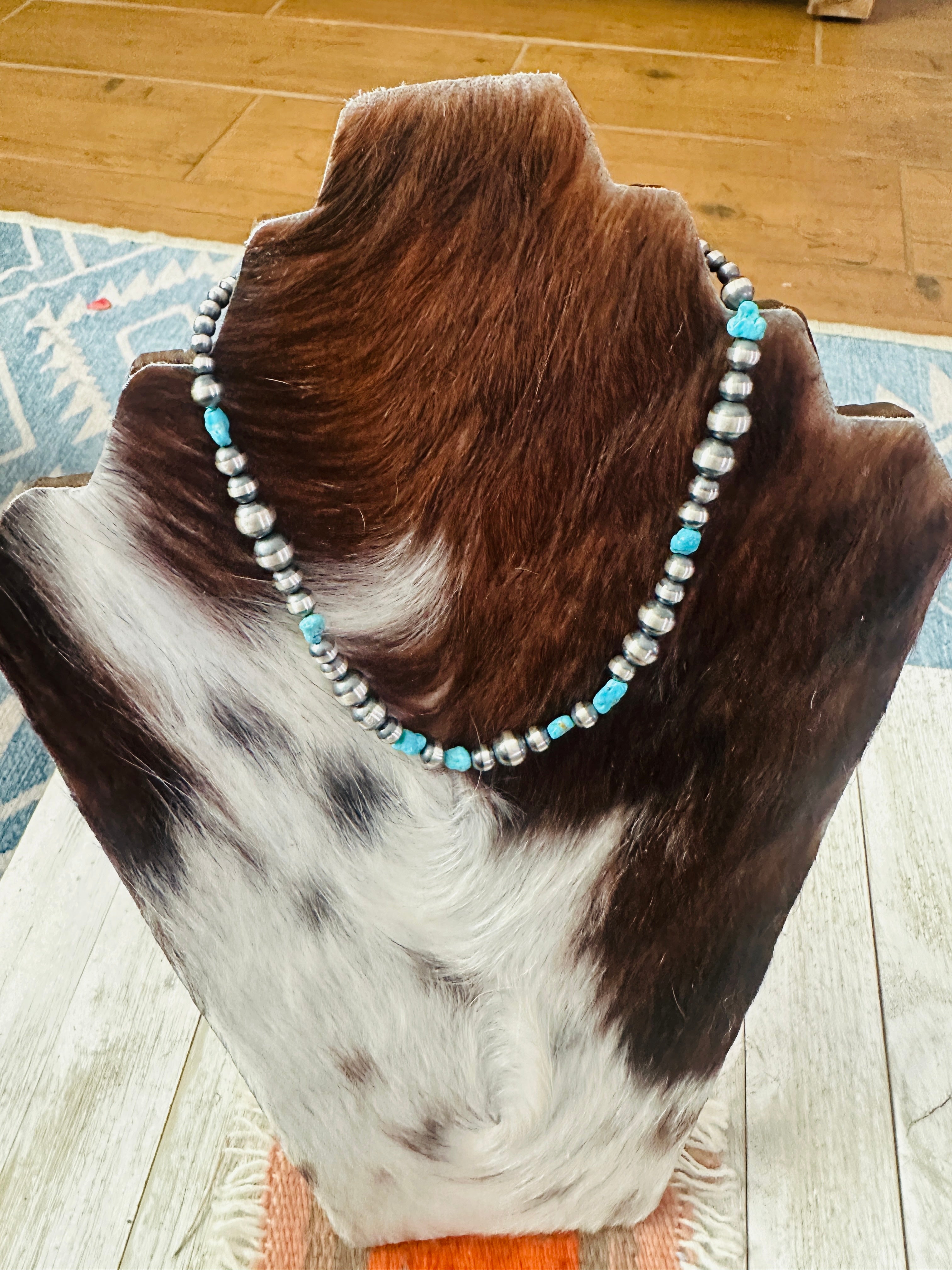 Handcrafted Turquoise & Sterling Silver Pearl 14” Beaded Necklace