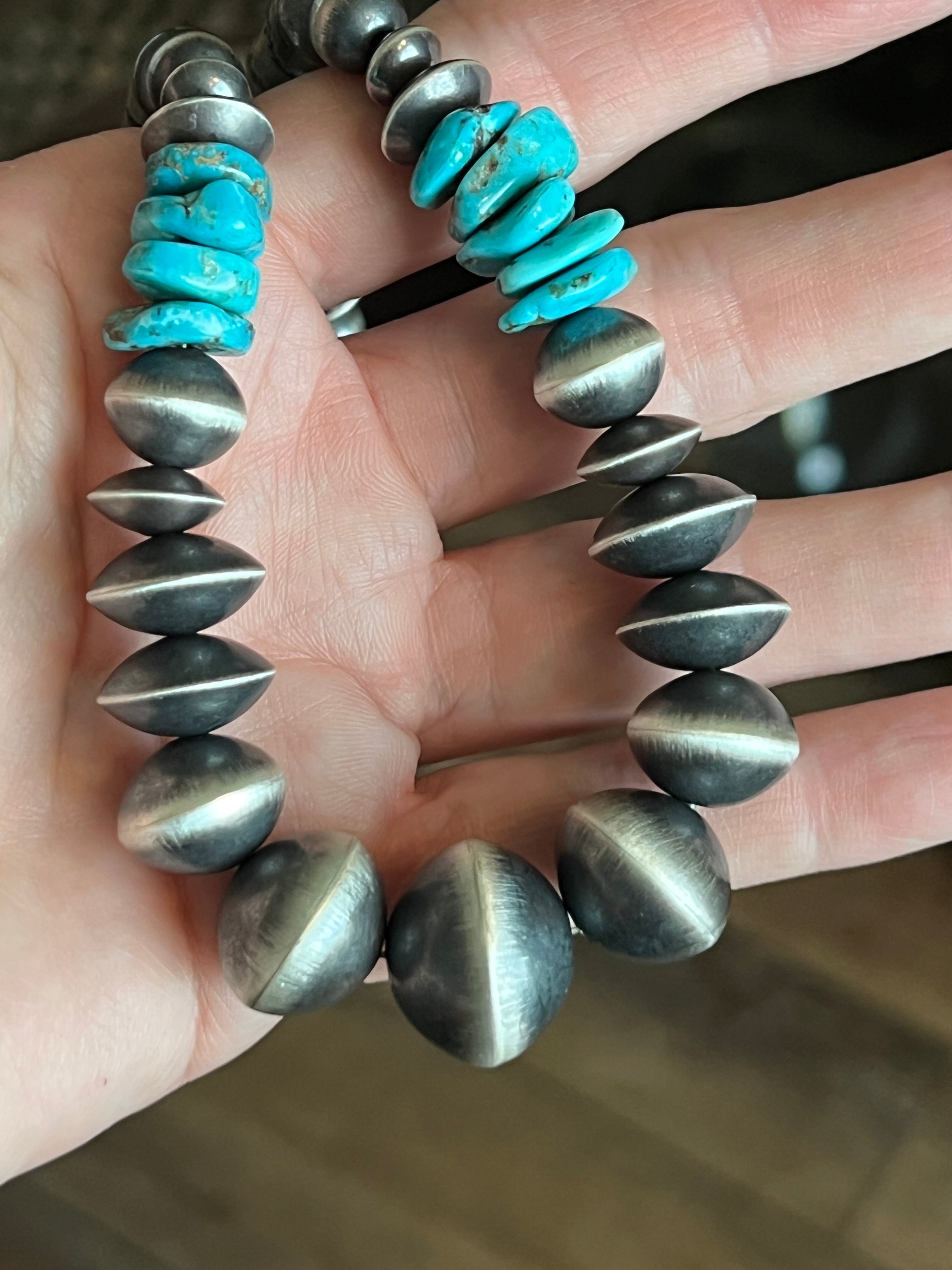 Handcrafted Sterling Silver and Kingman Turquoise Beaded Necklace by Rose Martin, 20 + 1-1/2 inches