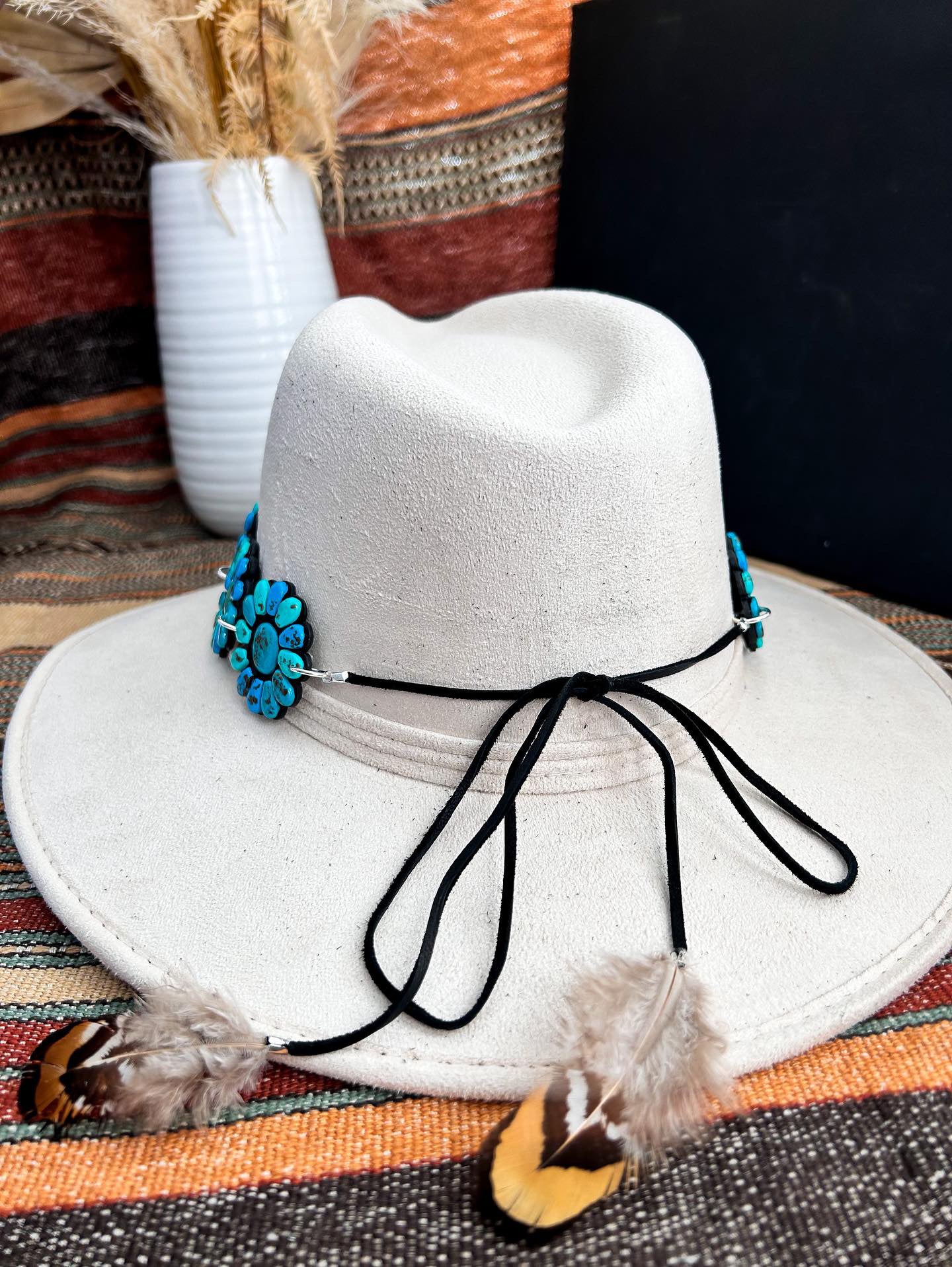 Handmade Clay Turquoise Hat Band With Feathers By Artist Kaylyn