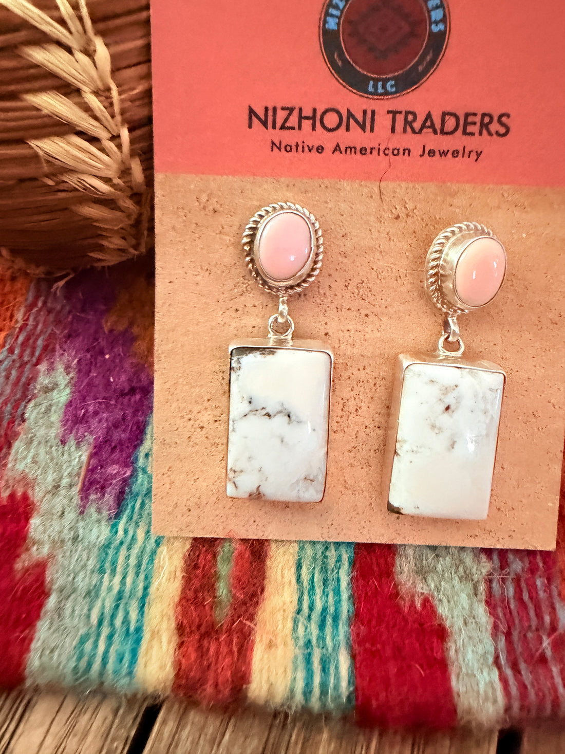 Handcrafted White Buffalo, Queen Pink Conch & Sterling Silver Dangle Earrings