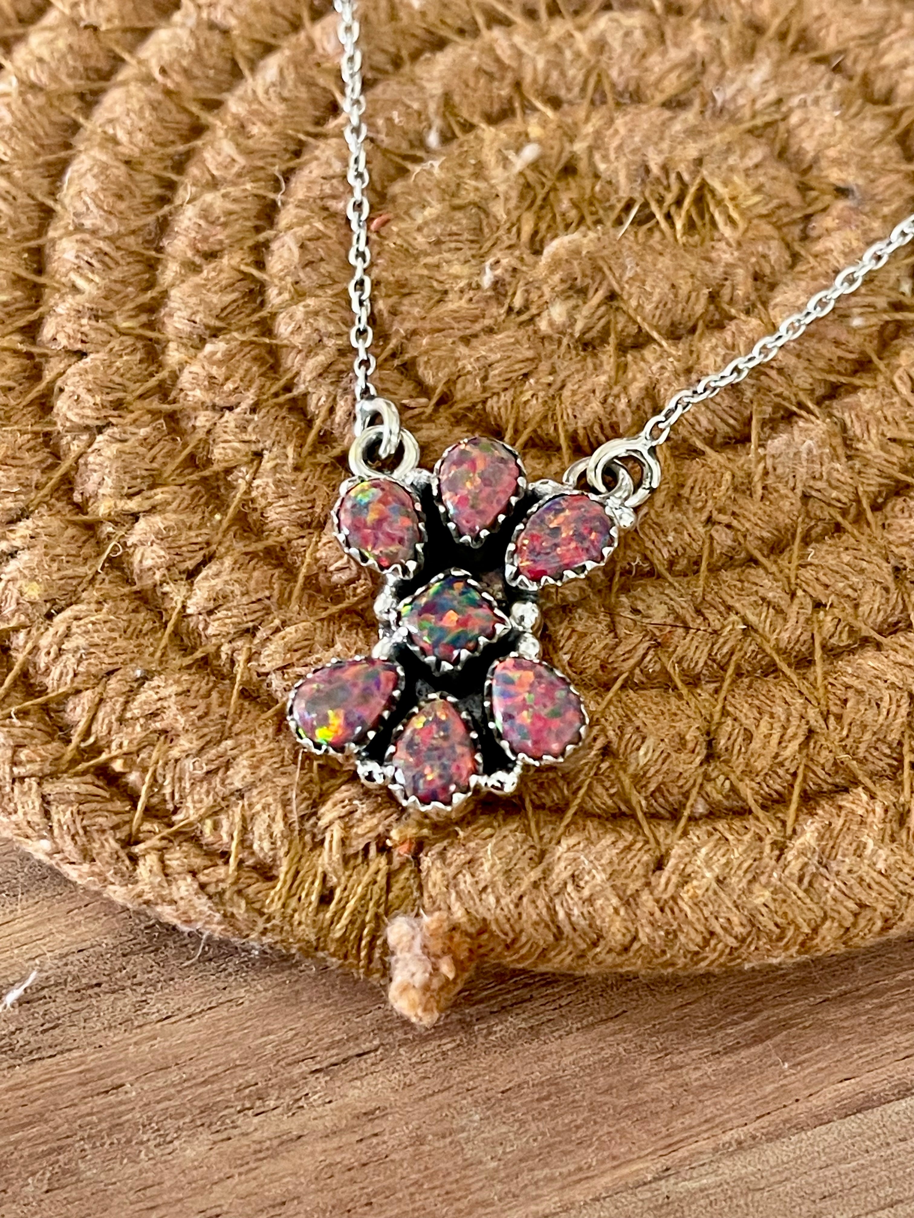 Handcrafted Sterling Silver & Red Fire Opal Cluster Necklace