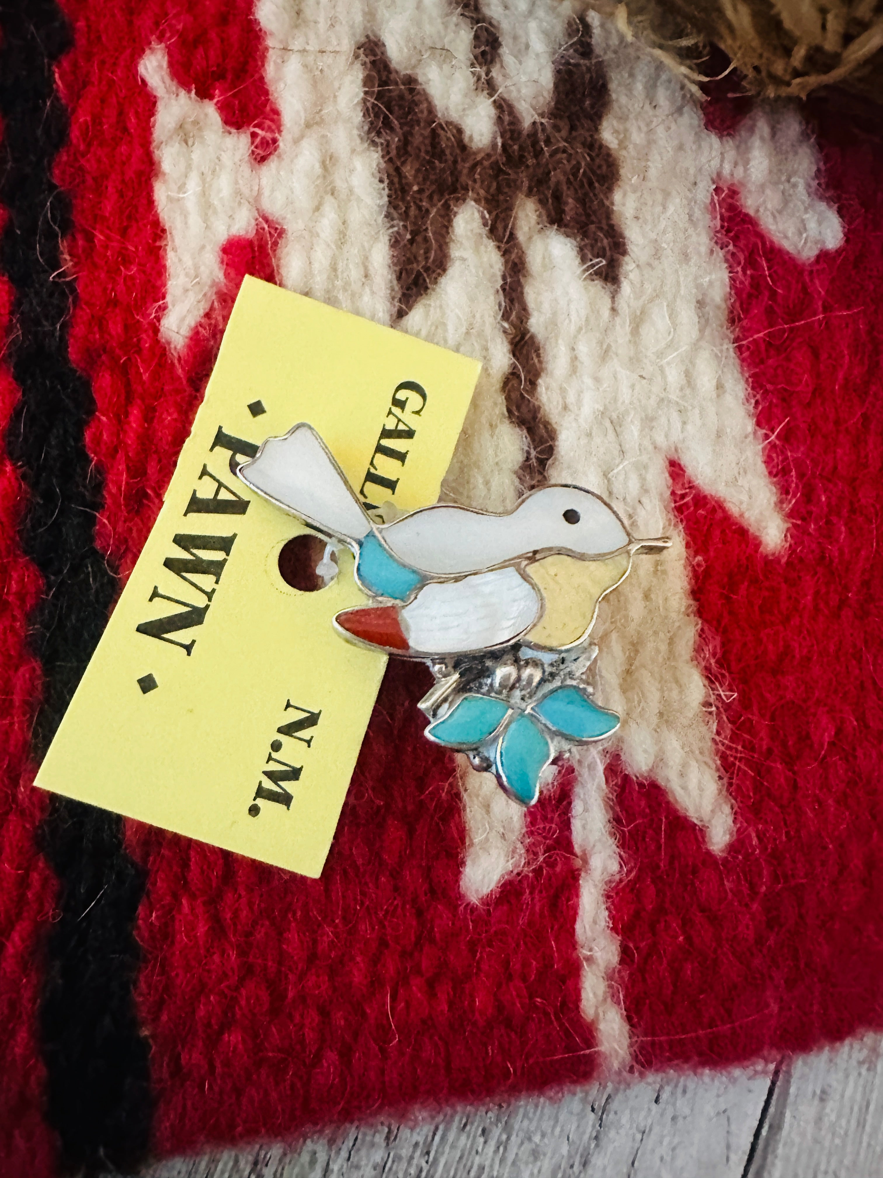 Vintage Old Pawn Multi Stone & Sterling Silver Inlay Bird Brooch/ Pendant