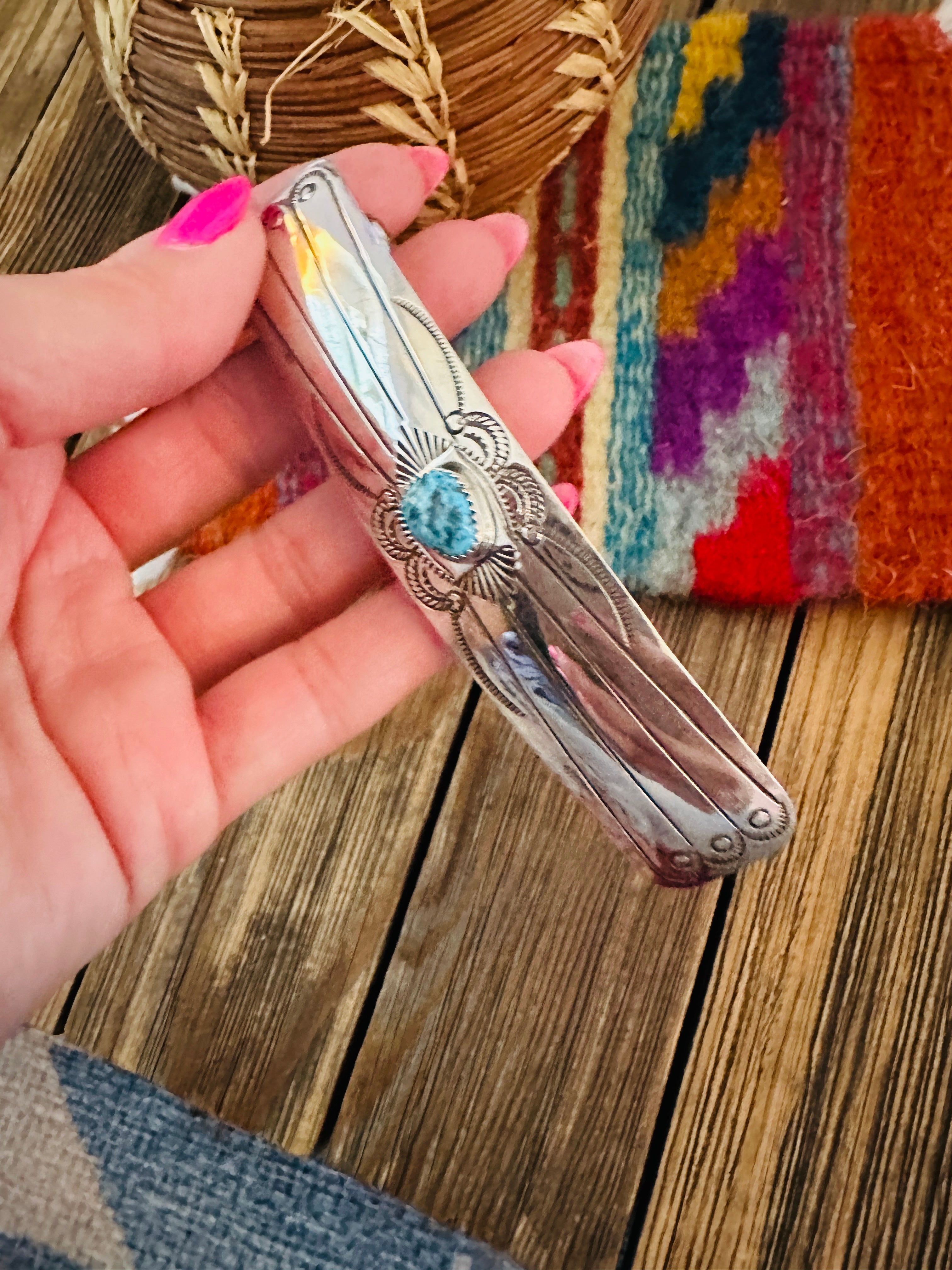 Handcrafted Turquoise & Sterling Silver Concho Hair Barrette