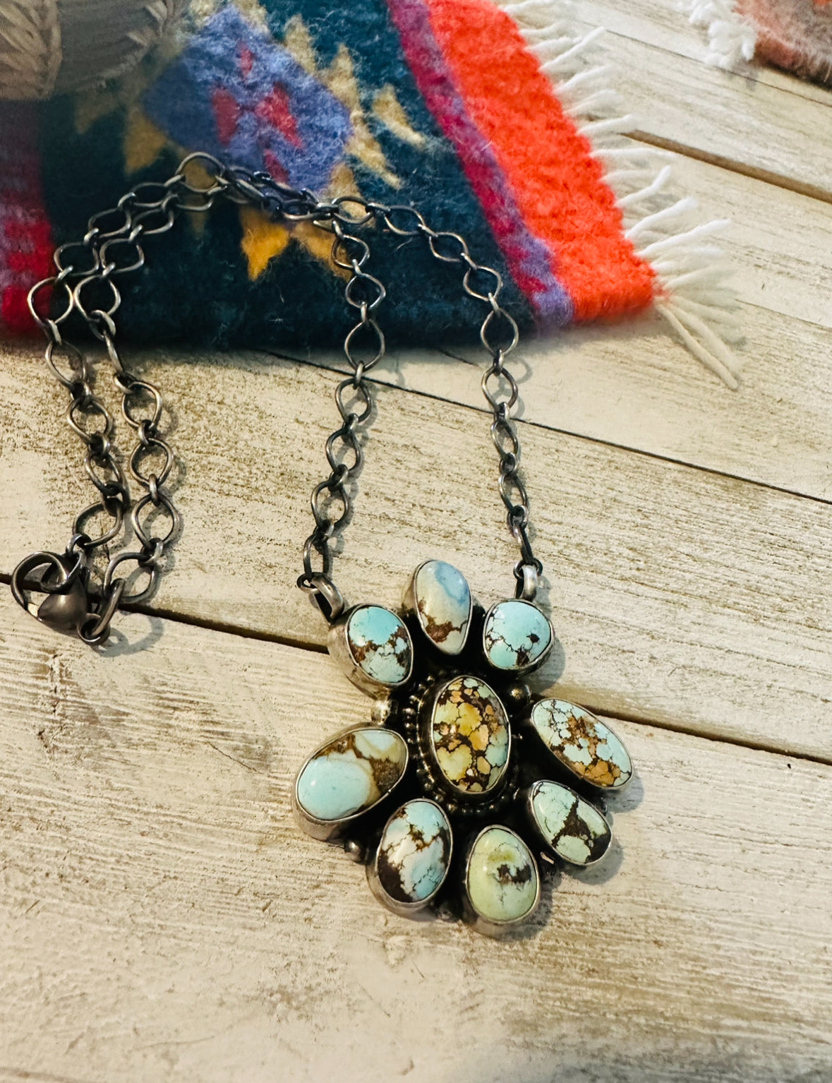 Navajo Sterling Silver & Golden Hills Turquoise Cluster Necklace