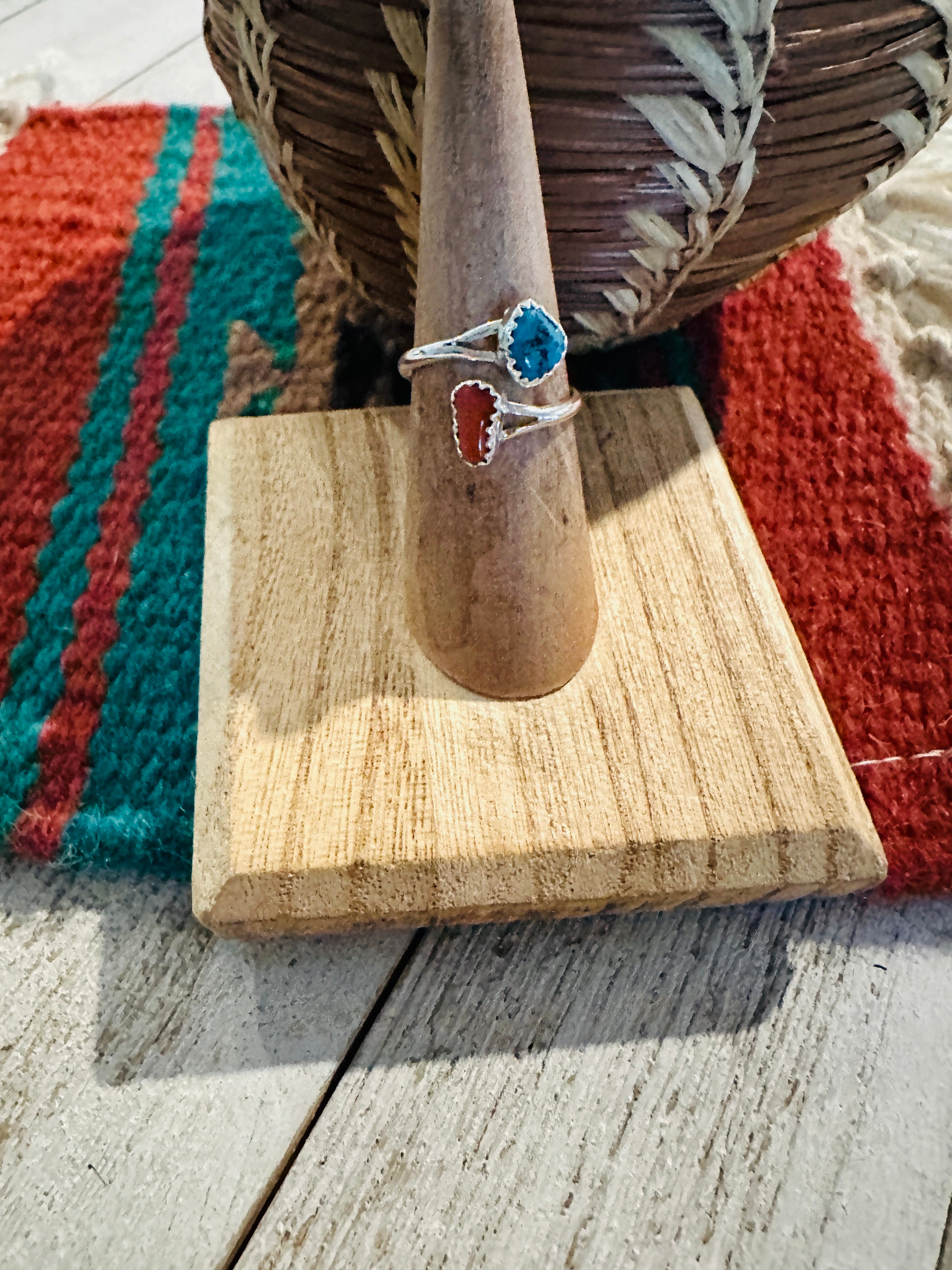 Navajo Sterling Silver, Coral & Turquoise Adjustable Rings