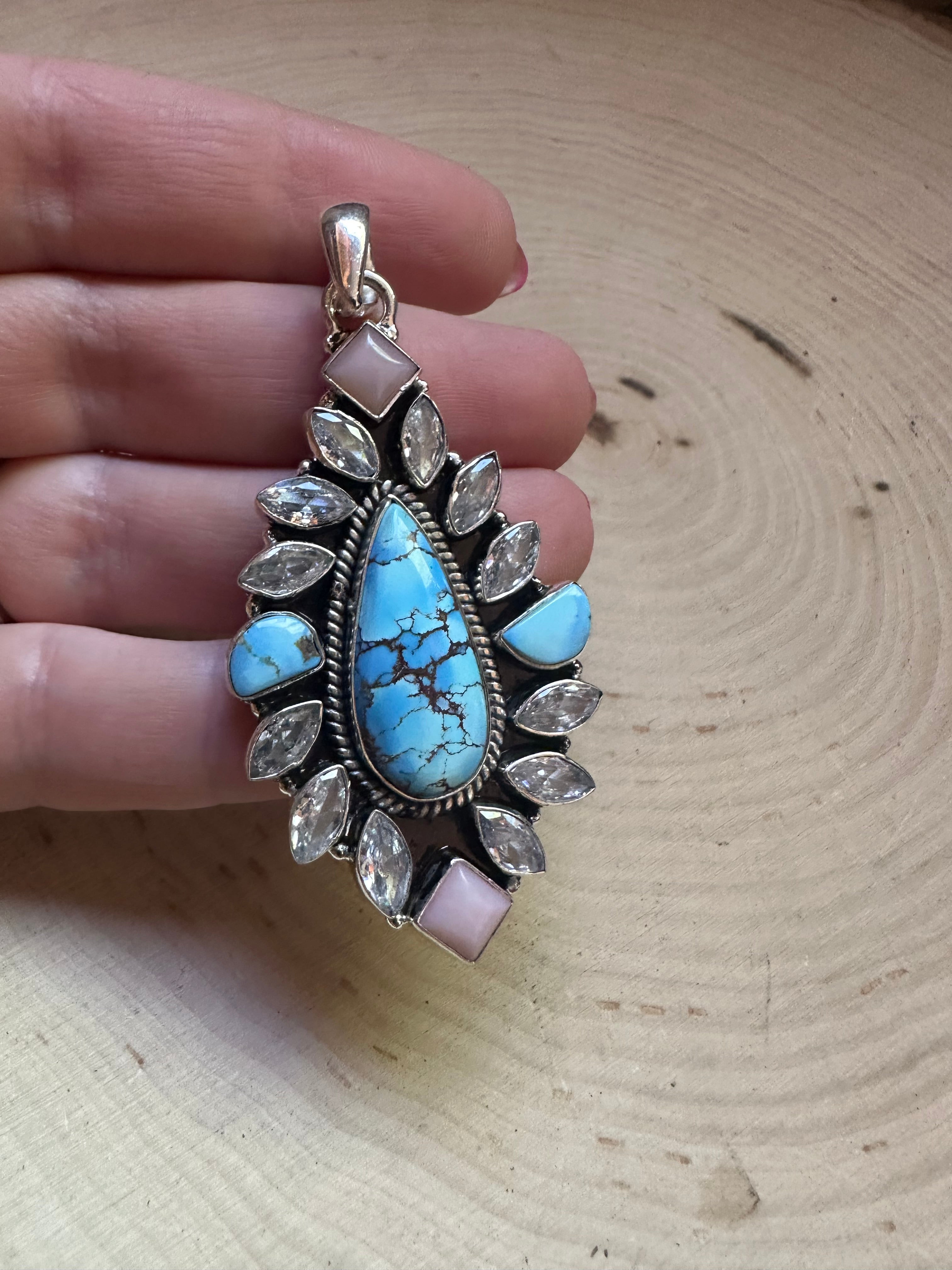 Handmade Sterling Silver, Pink Conch, Golden Hills Turquoise & CZ Pendant