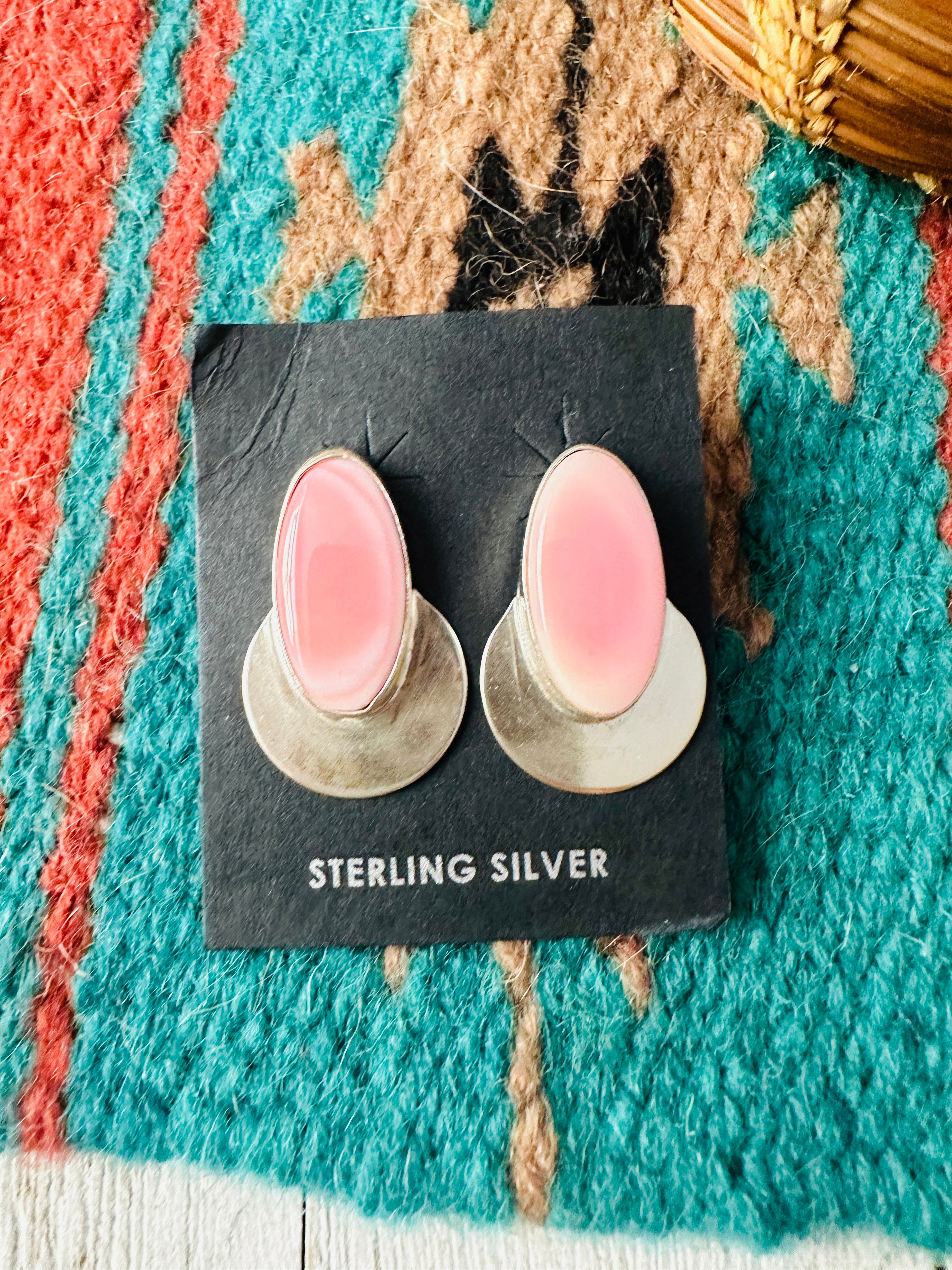 Navajo Sterling Silver & Queen Pink Conch Post Earrings