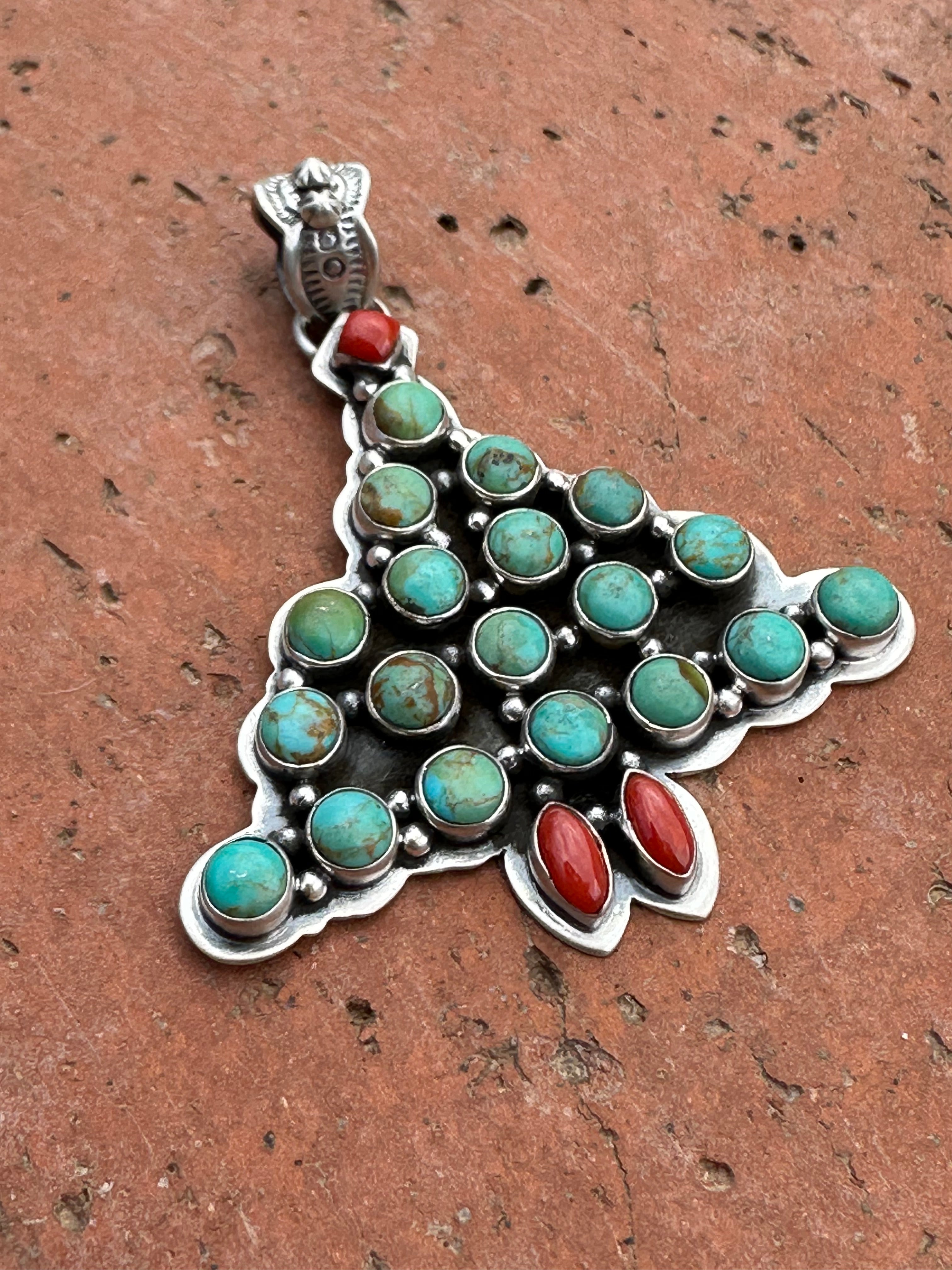 Handmade Sterling Silver, Coral & Turquoise Christmas Tree Pendant