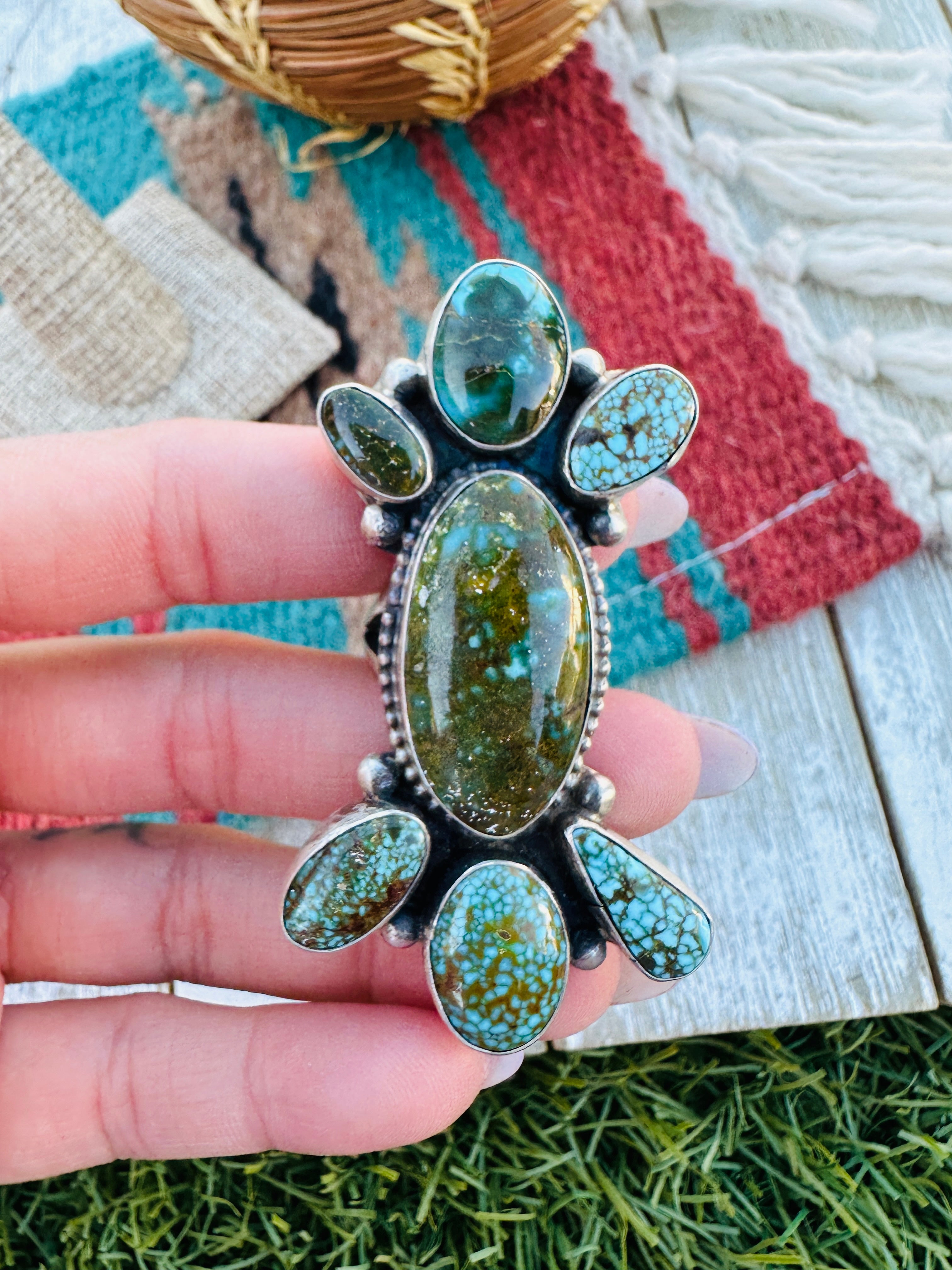 Hand Crafted Turquoise & Sterling Silver Ring Size 8.5 by Ella Peter