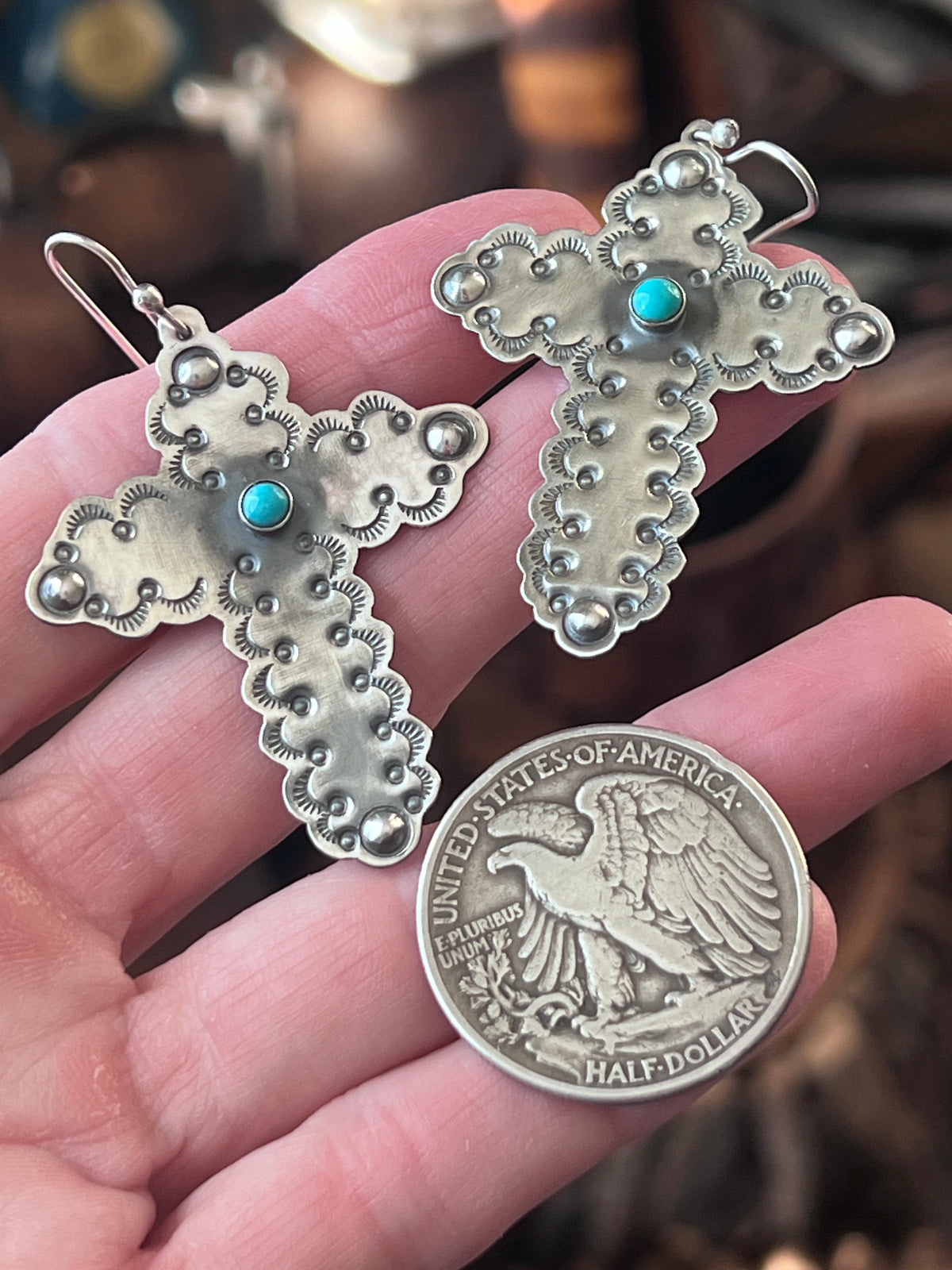 Hand Stamped Scalloped Sterling Silver Cross Dangle Earrings with Kingman Turquoise by Kimari Somers