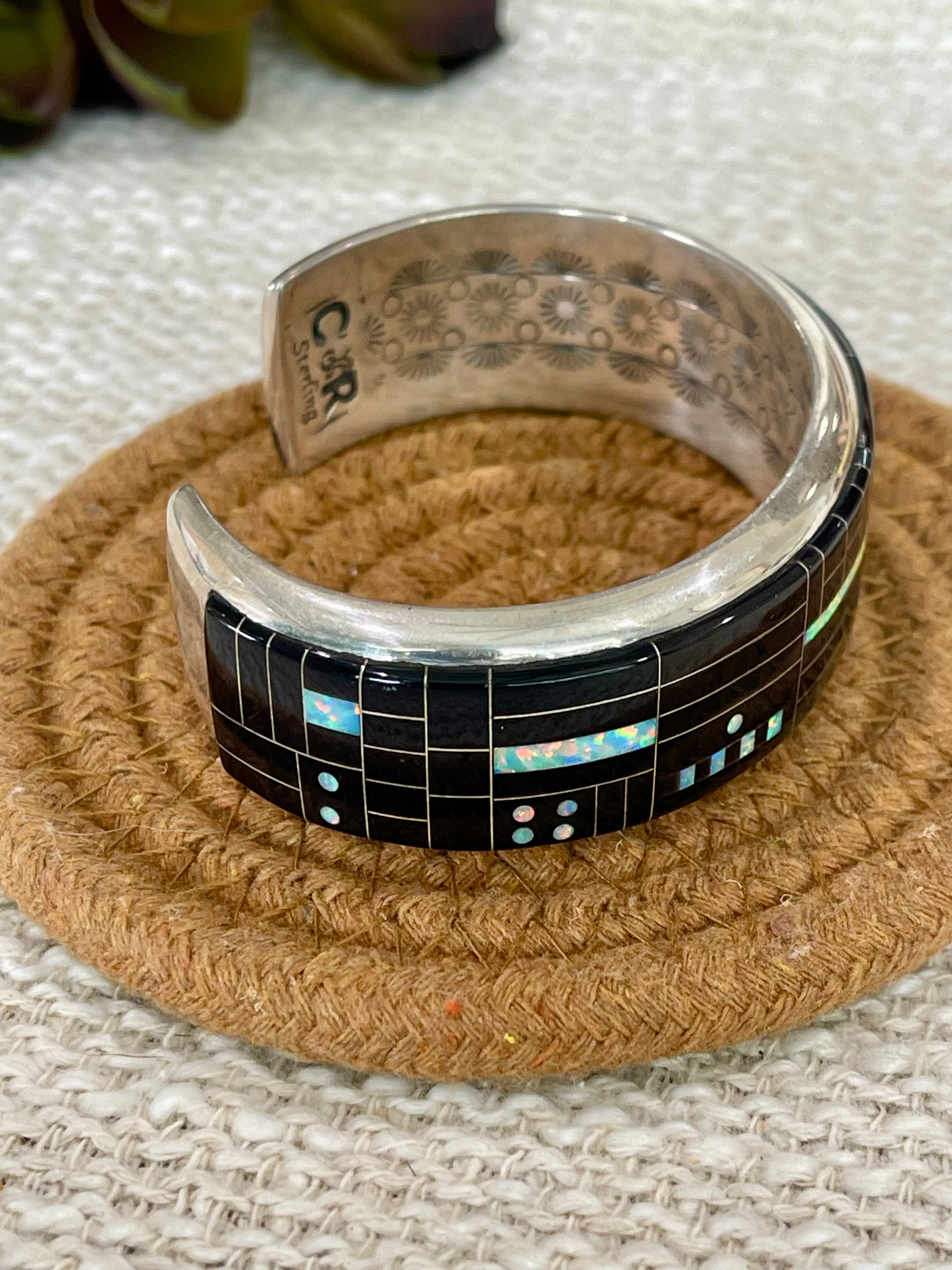 Beautiful Handmade Sterling Silver & Multi Stone, Onyx Inlay Cuff Bracelet