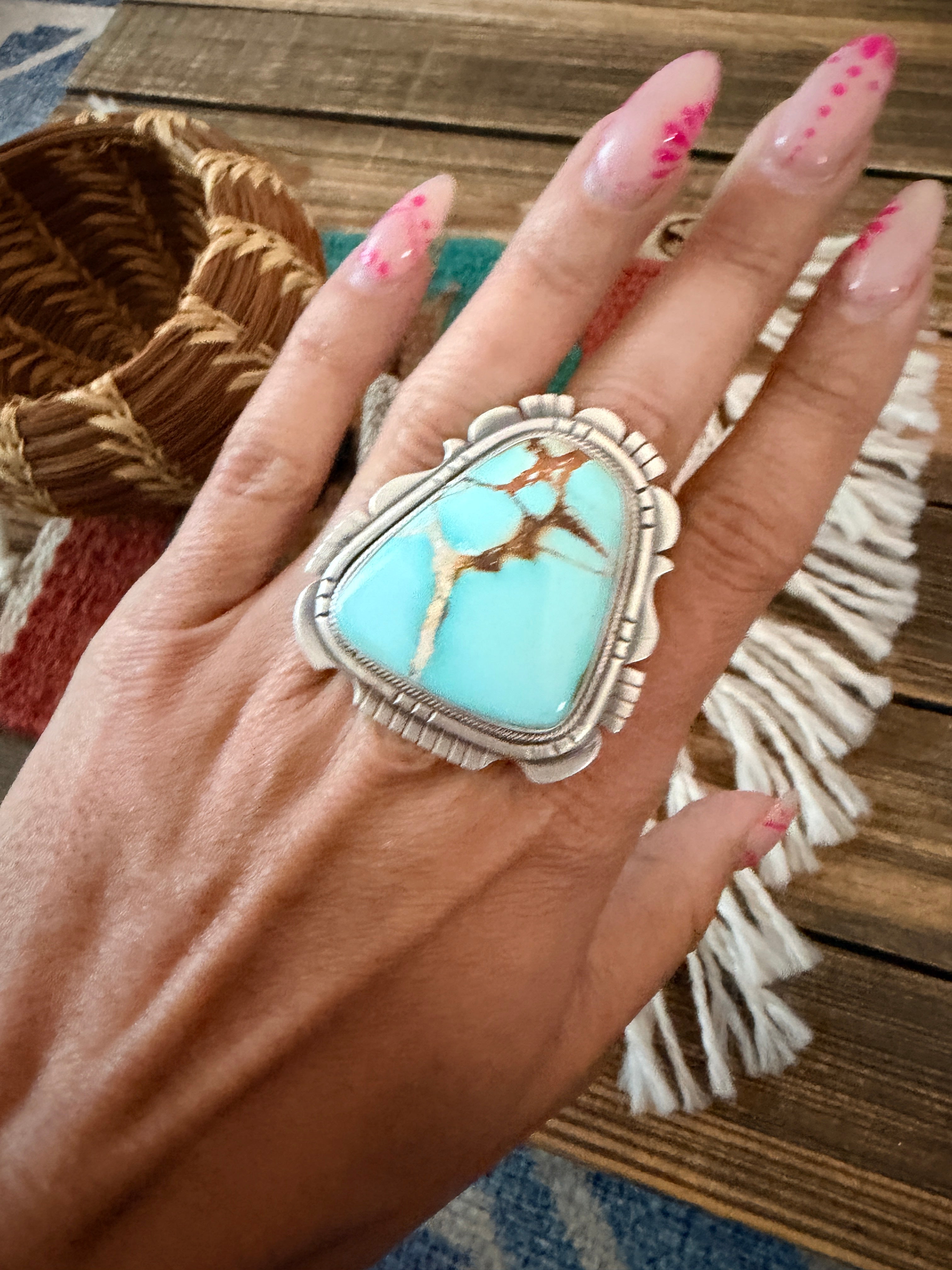 Handcrafted Golden Hills Turquoise & Sterling Silver Ring Size 8 by Daniel Benally