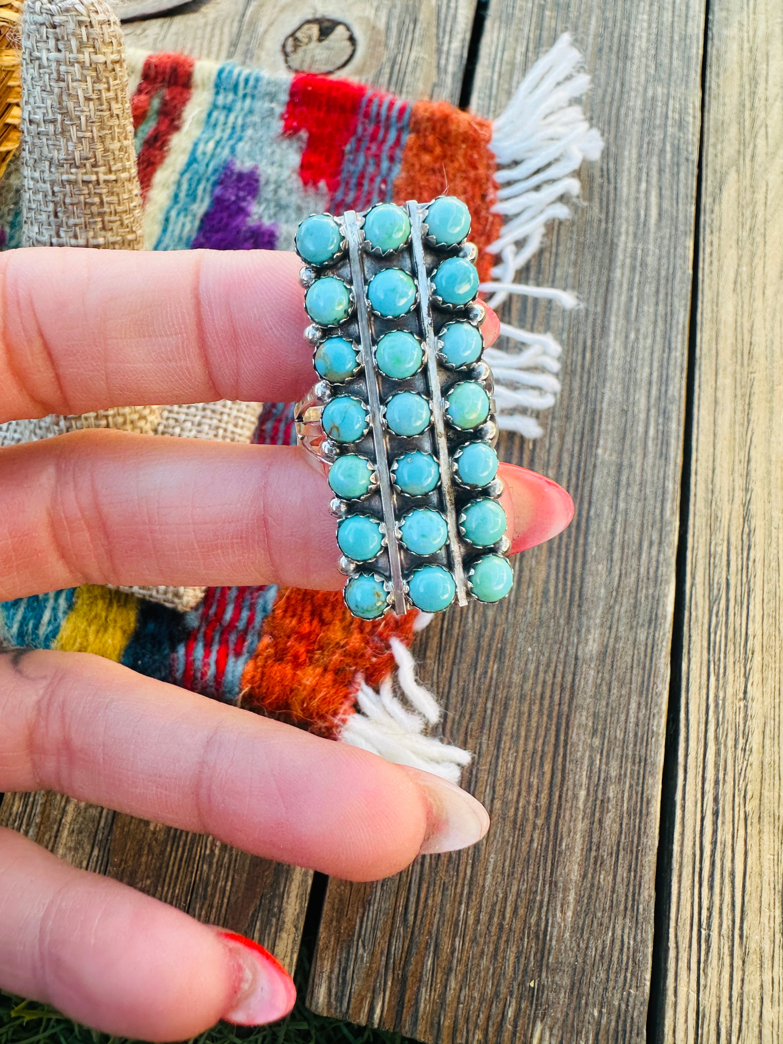 Handcrafted Turquoise & Sterling Silver Cluster Ring Size 7.75