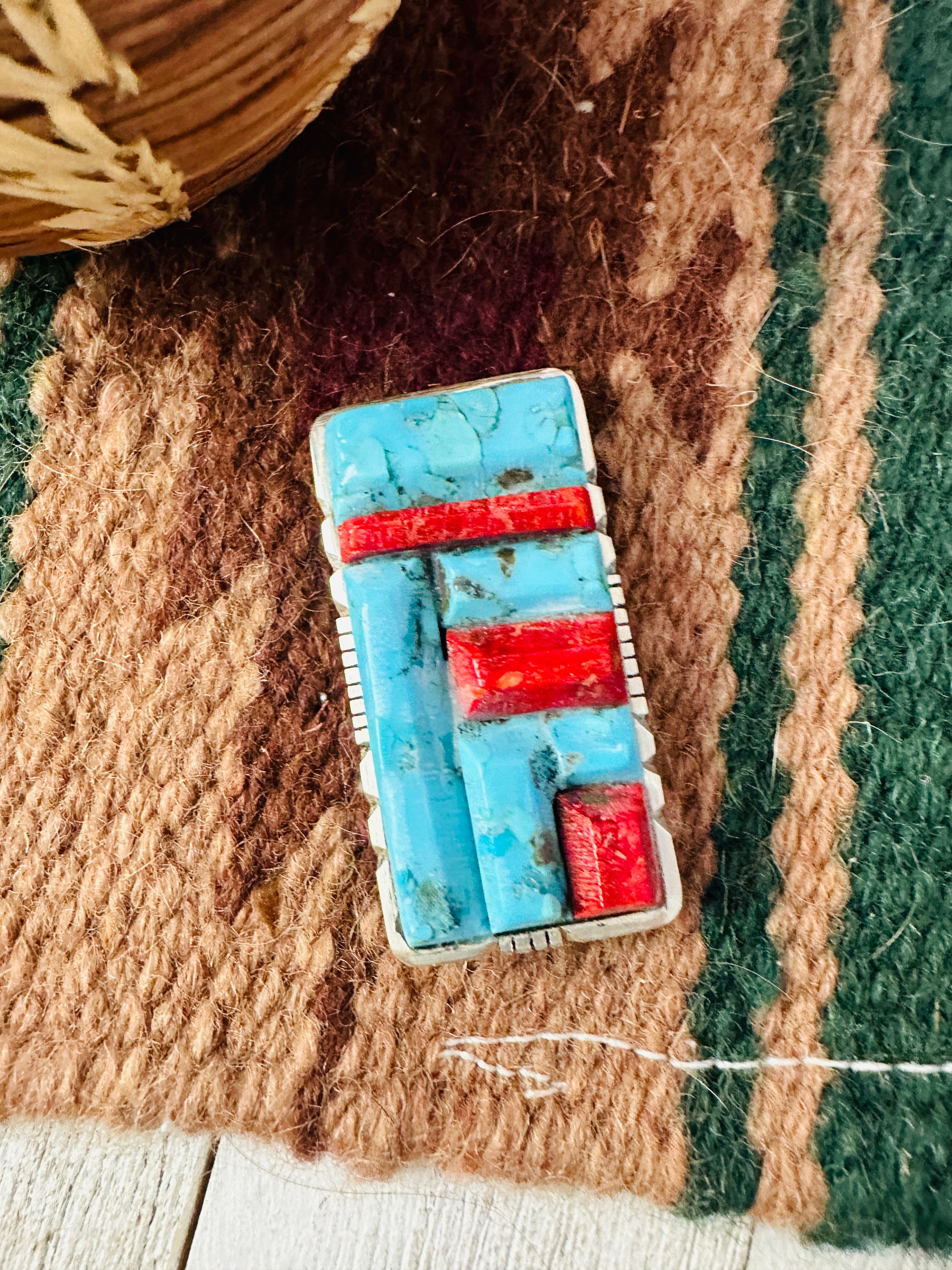 Navajo Turquoise, Coral & Sterling Silver Inlay Money Clip