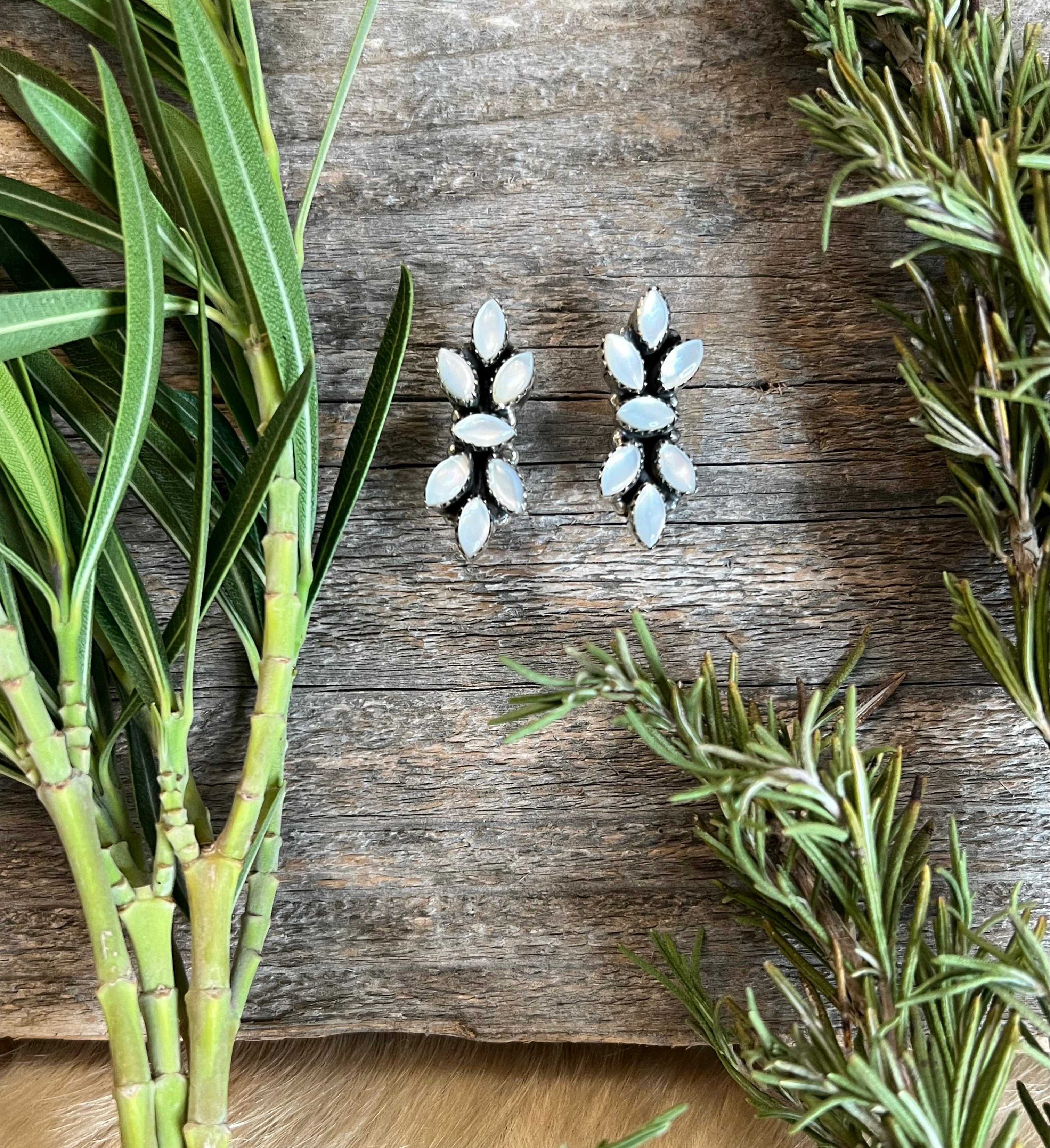 Handmade Mother Of Pearl Cluster Sterling Silver Post Earrings