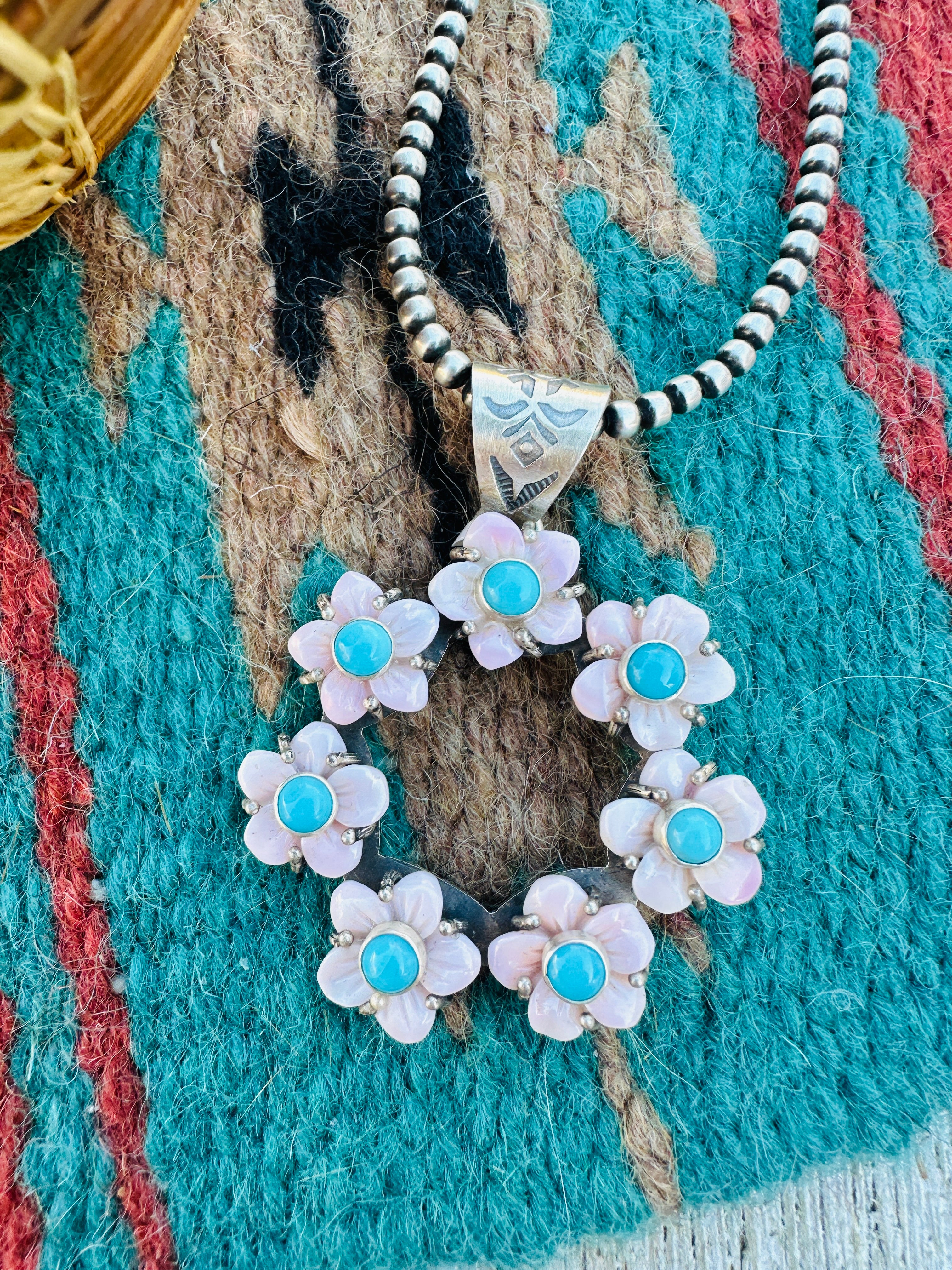 Handcrafted Sterling Silver, Queen Pink Conch & Turquoise Flower Pendant