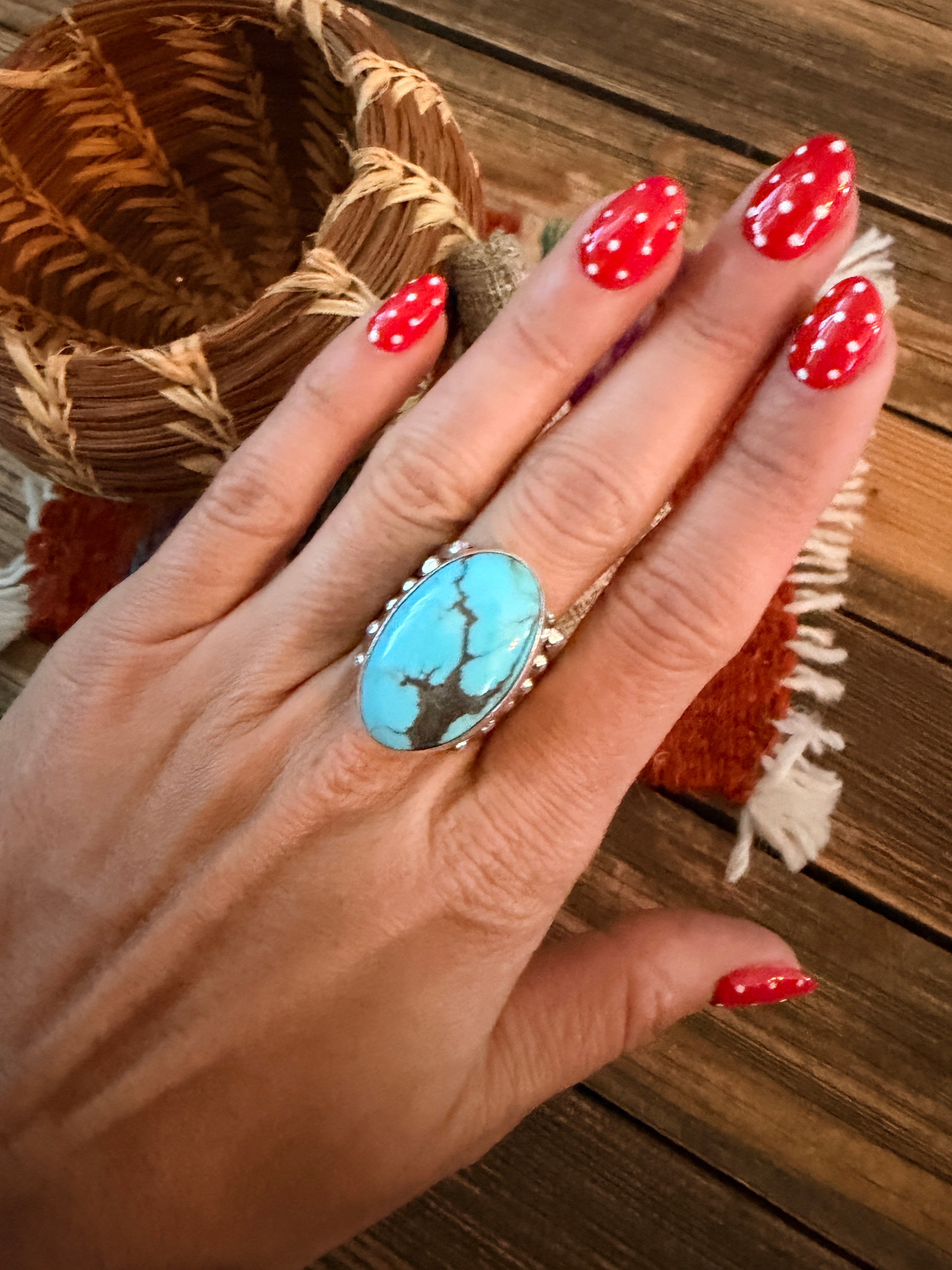 Handcrafted Turquoise & Sterling Silver Ring Size 8