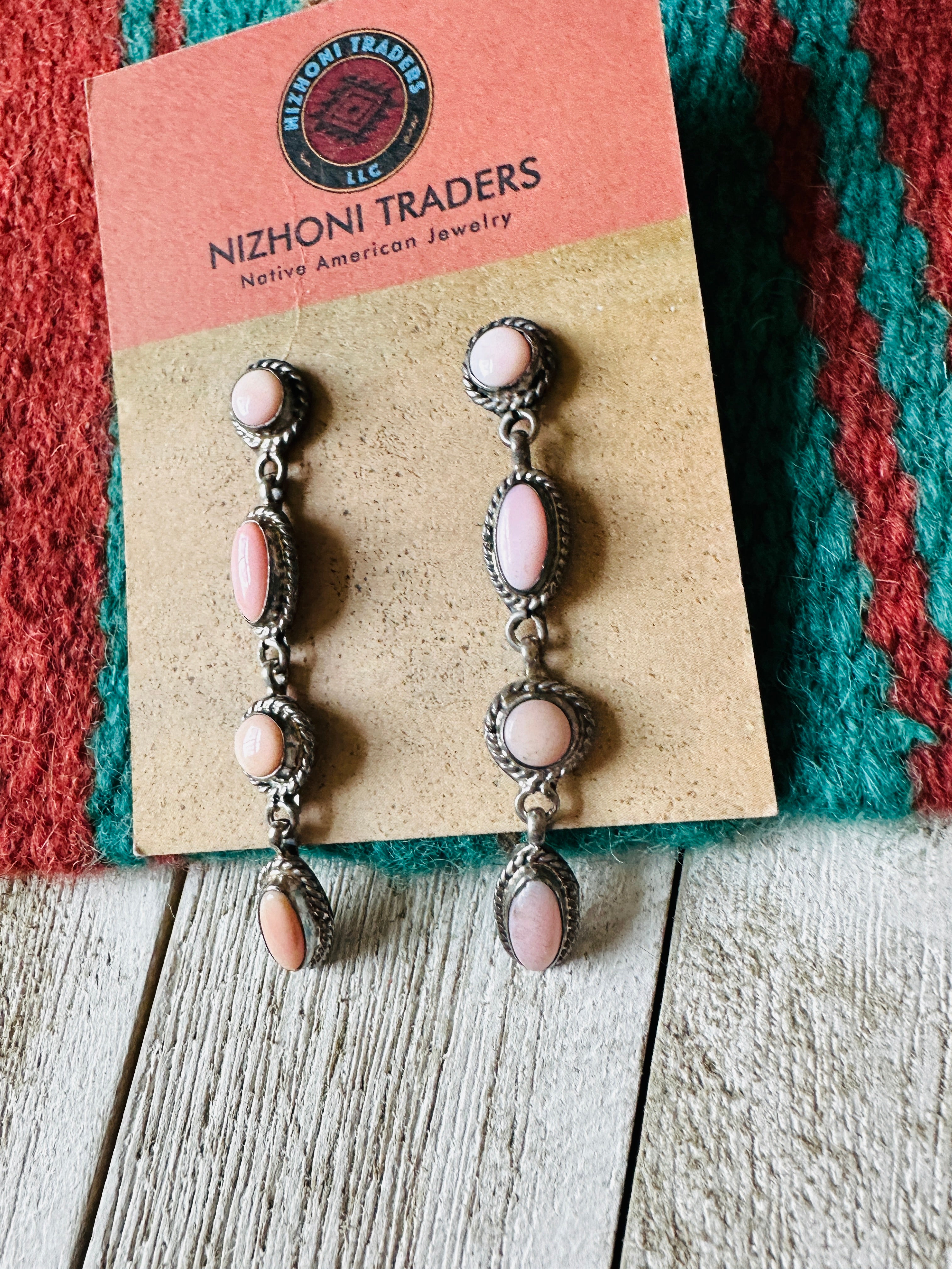 Navajo Queen Pink Conch & Sterling Silver 4-Stone Dangle Earrings