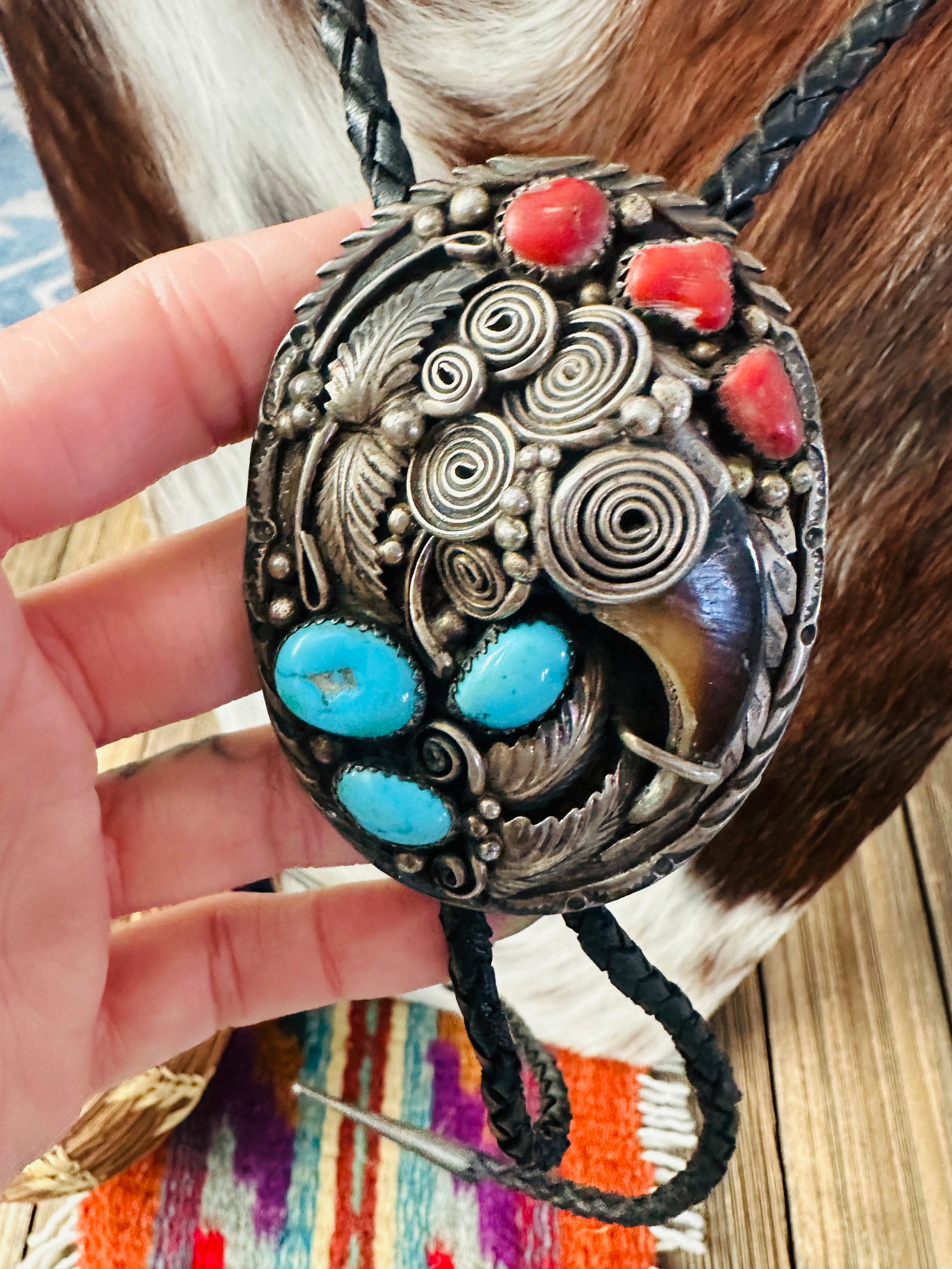 Handcrafted Vintage Old Pawn Sterling Silver, Turquoise & Coral Bolo Tie