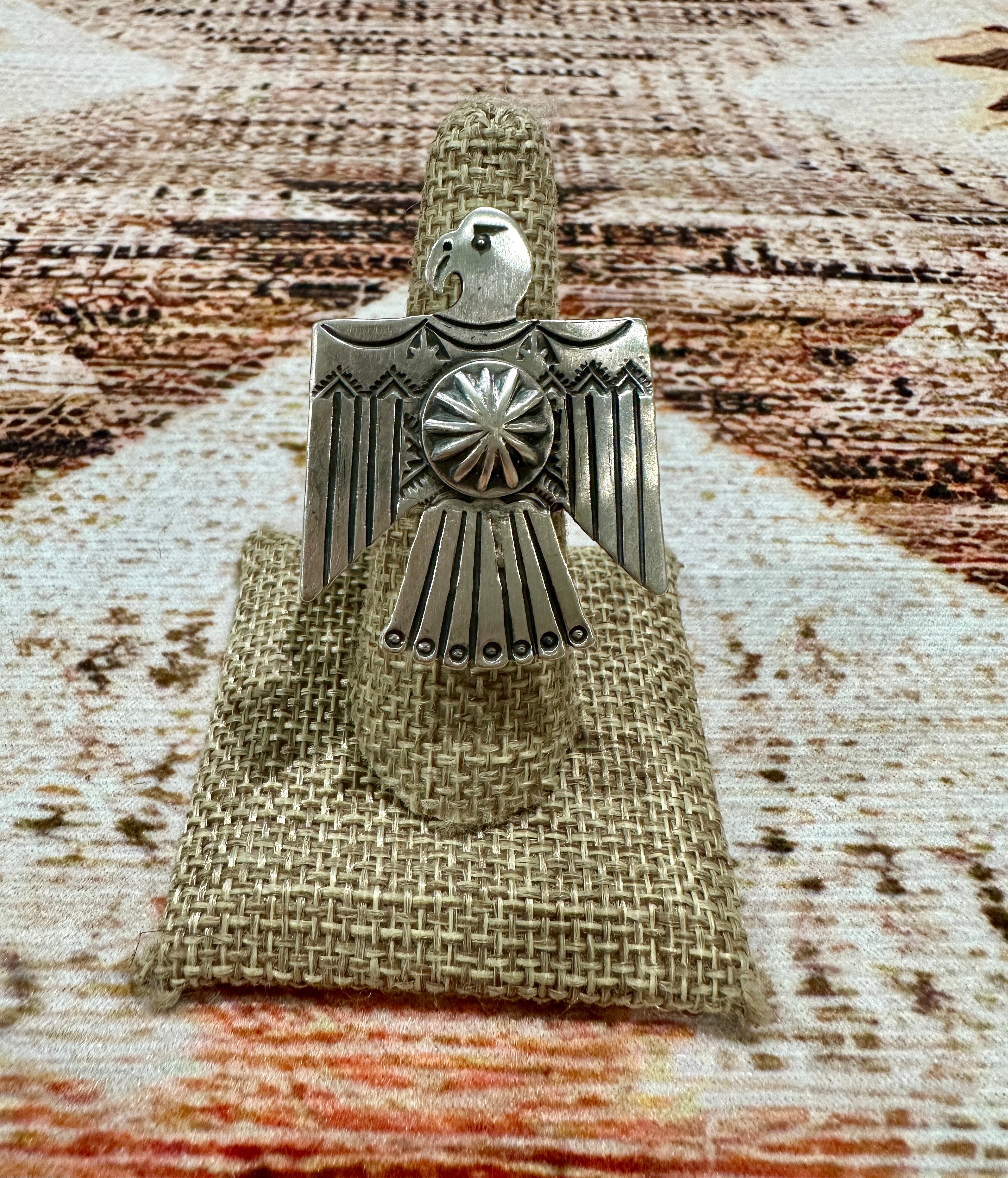 Handcrafted Hand Stamped Sterling Silver Thunderbird Adjustable Ring by Leroy James