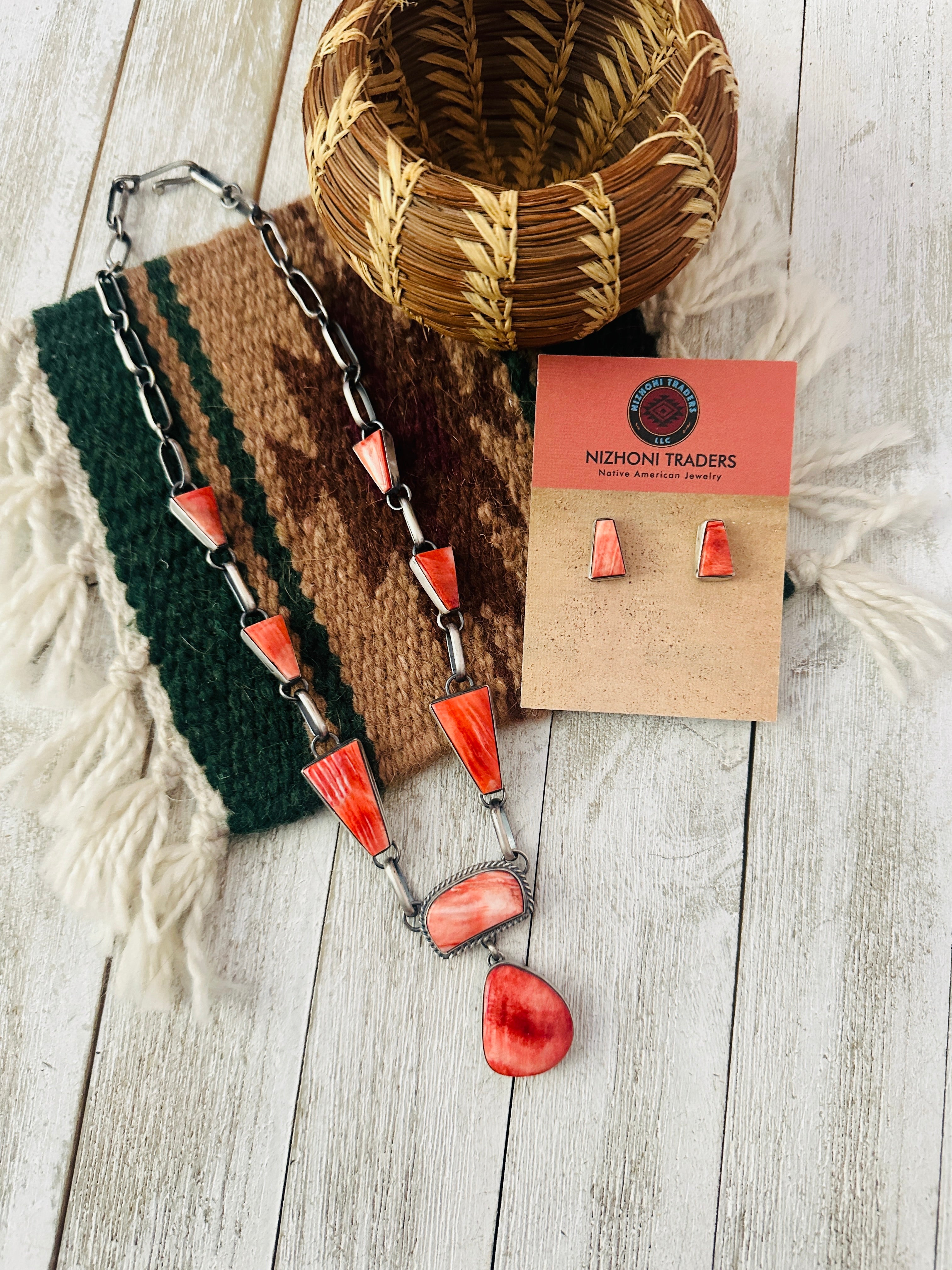 Navajo Sterling Silver & Orange Spiny Oyster Necklace Set