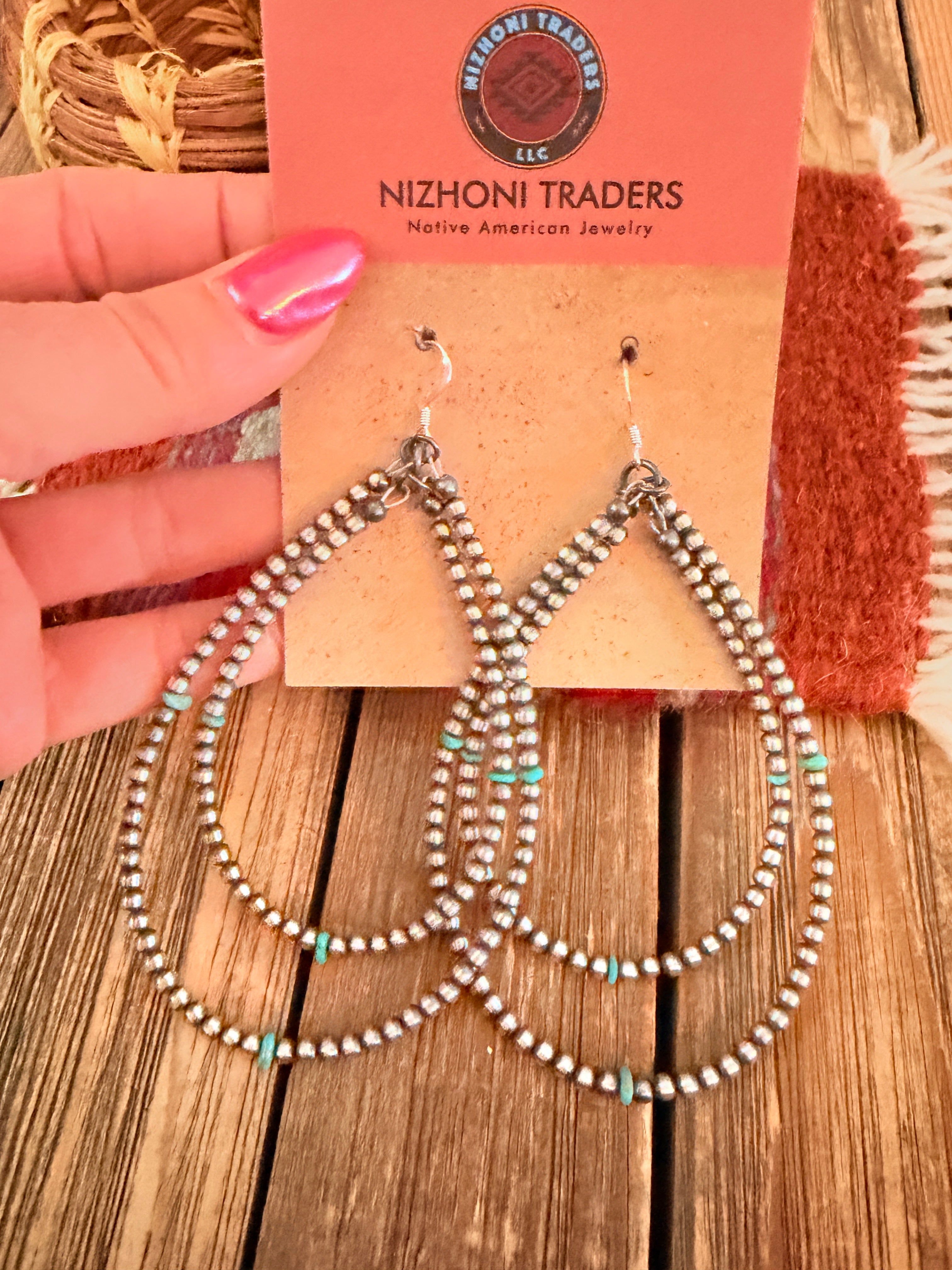 Handcrafted Turquoise & Sterling Silver Pearl Beaded Dangle Hoop Earrings