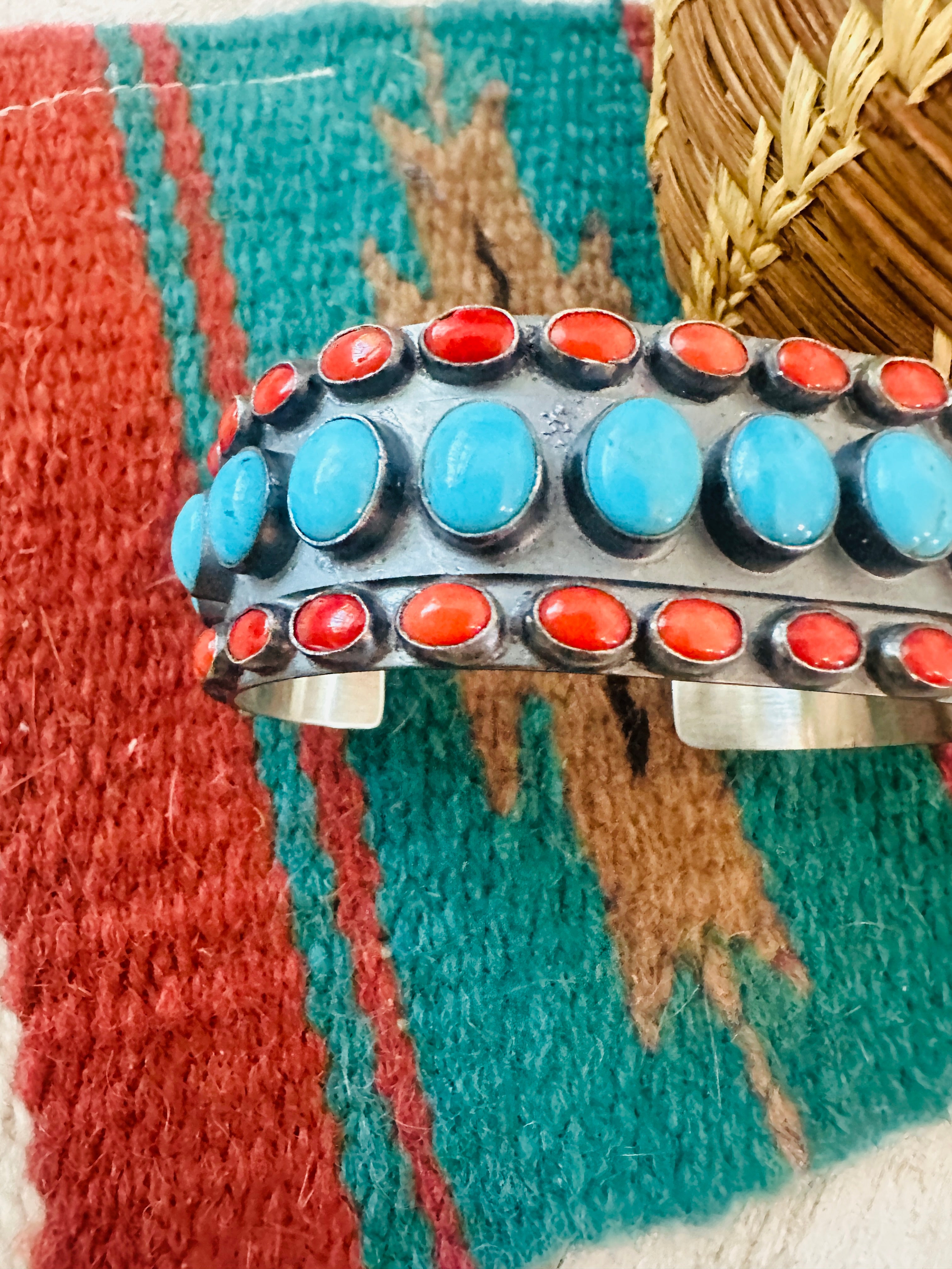 Handcrafted Turquoise, Coral & Sterling Silver Cuff Bracelet