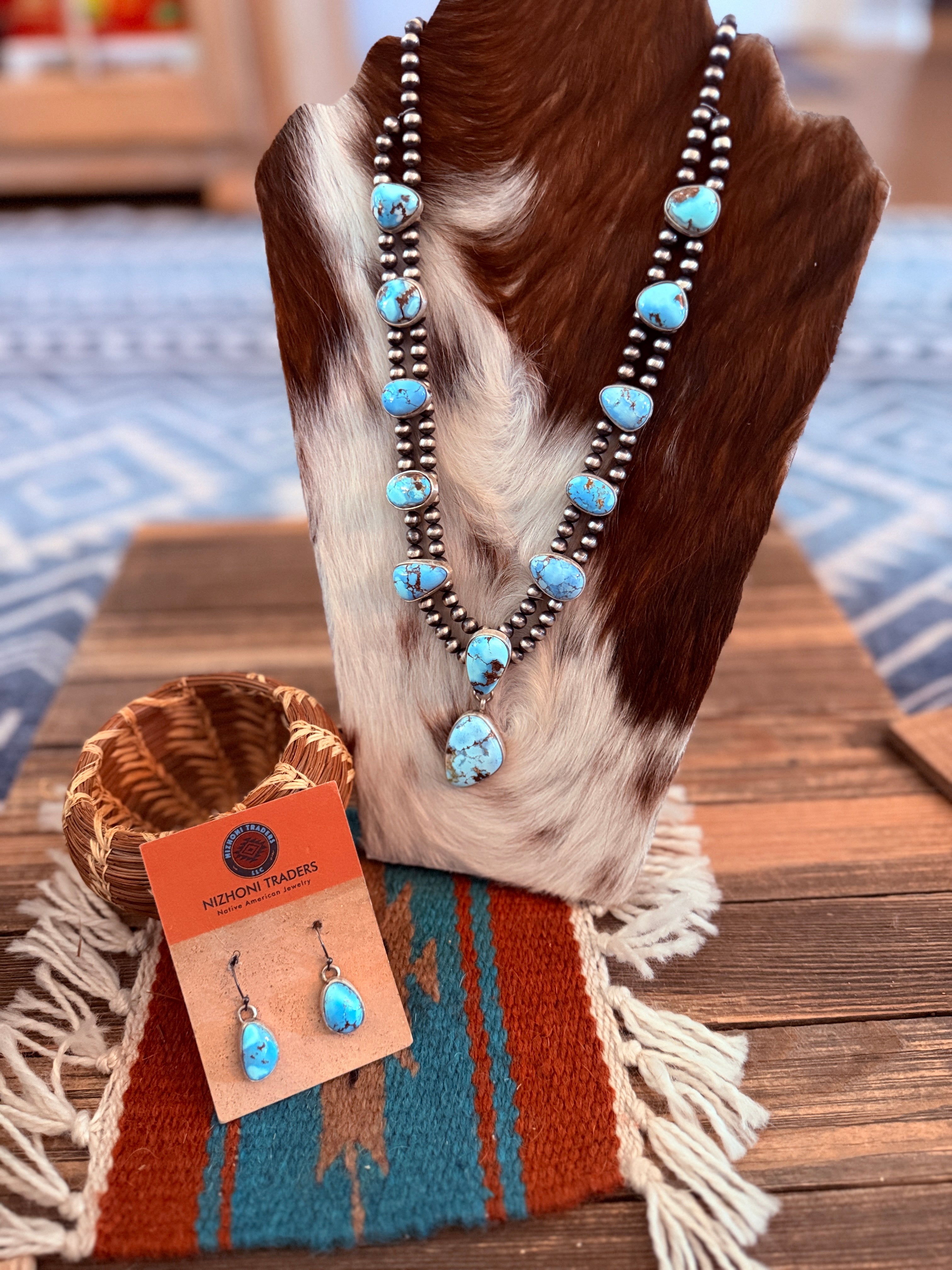 Handcrafted Golden Hills Turquoise & Sterling Silver Necklace and Earring Set by Kathleen Chavez