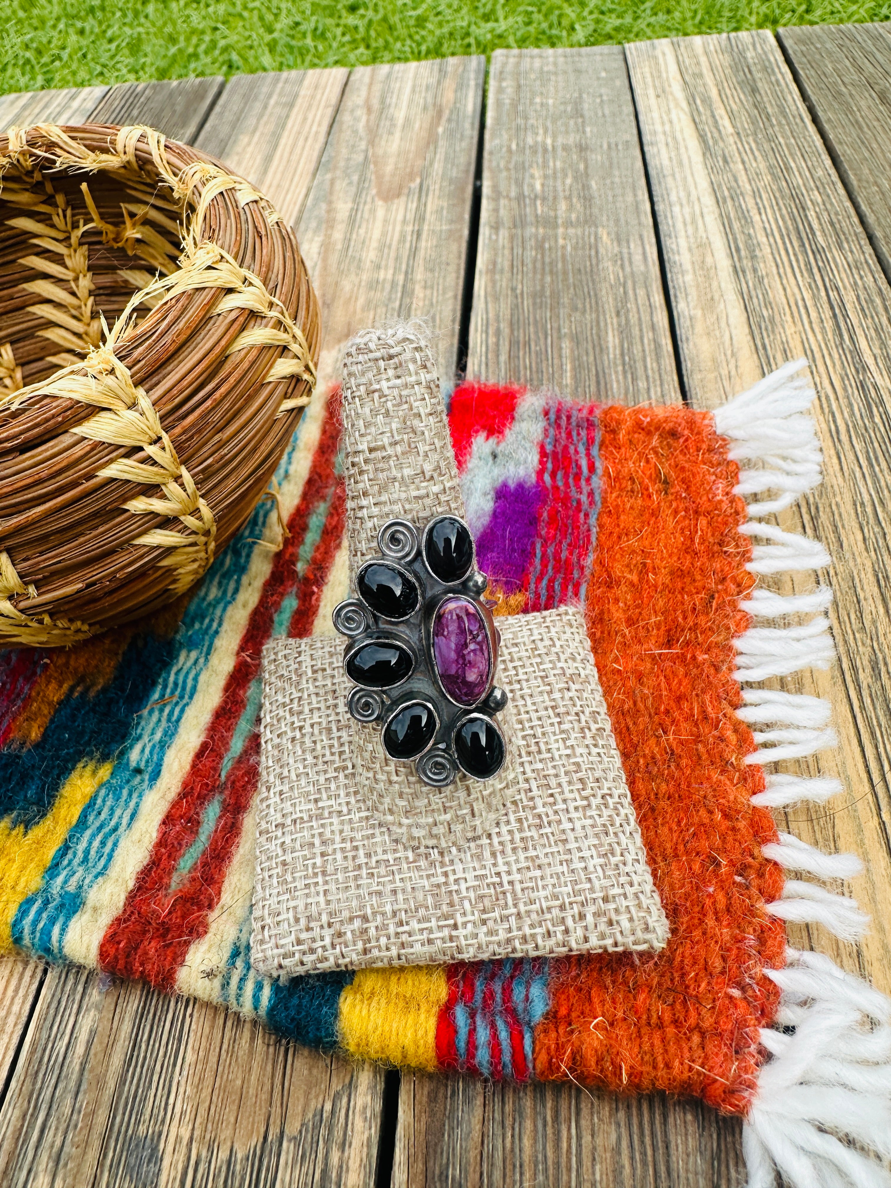 Handcrafted Onyx, Spiny Oyster, & Sterling Silver Adjustable Ring by Jacqueline Silver