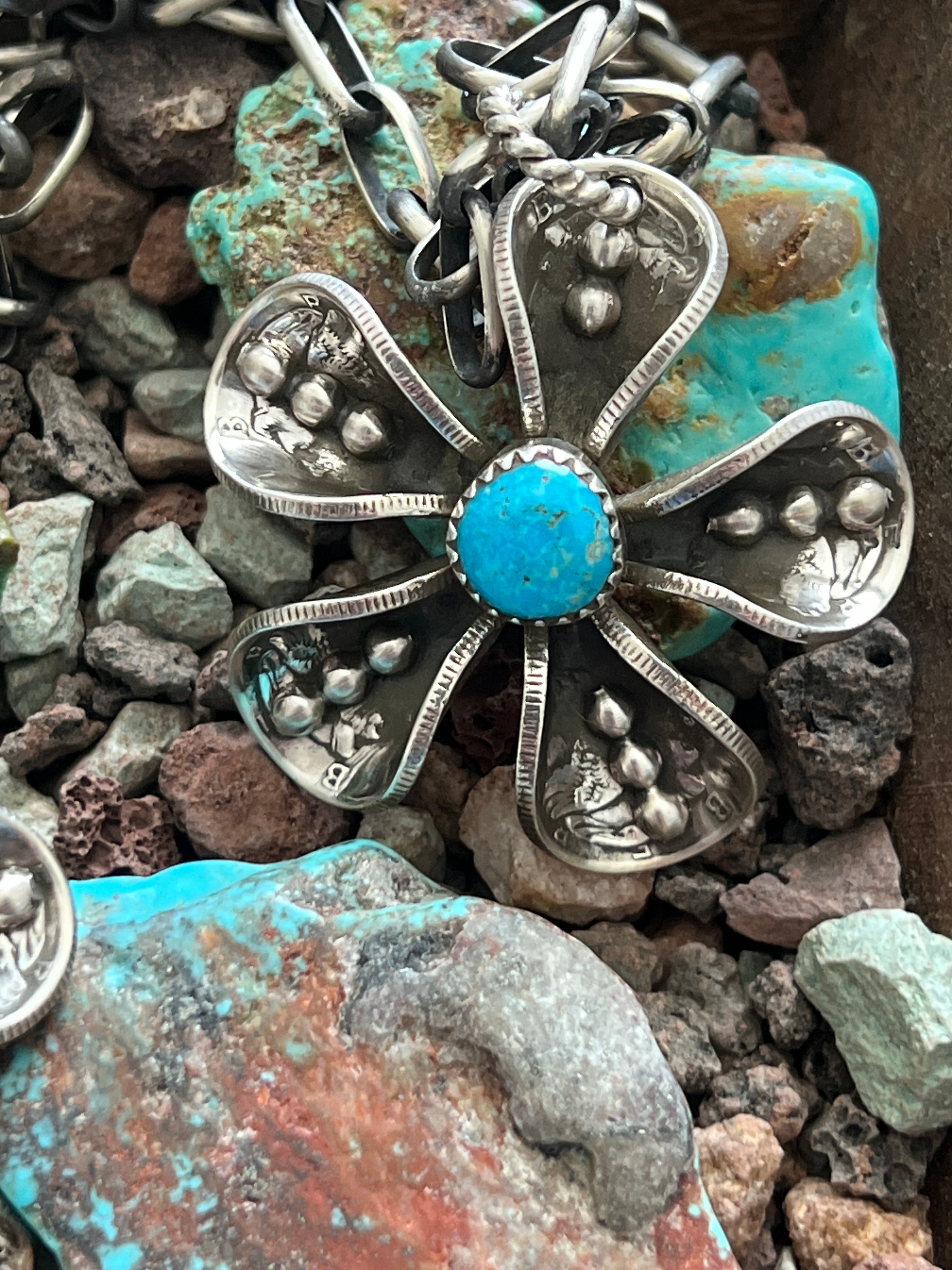 Handcrafted Sterling and Coin Silver Mercury Dime Flower Pendant with Turquoise on Handmade Chain by James Begay